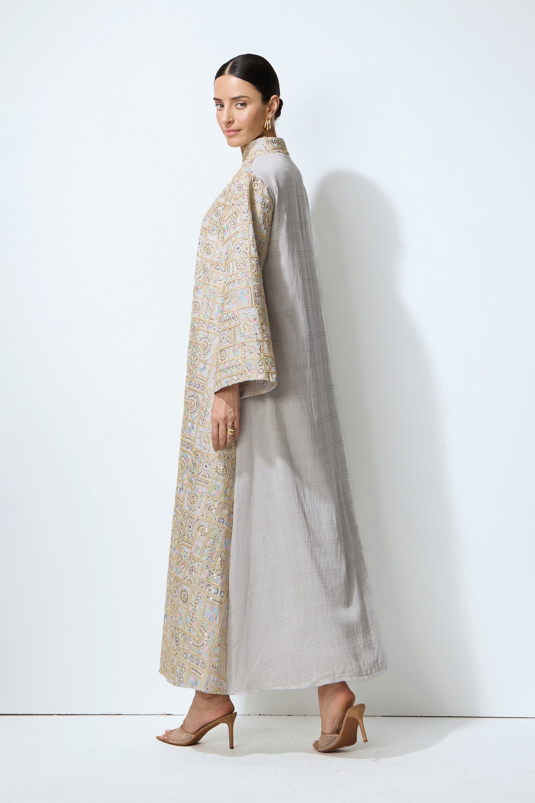 Luxe Evening Grey Geometric Embroidered Kaftan Maxi Dress
