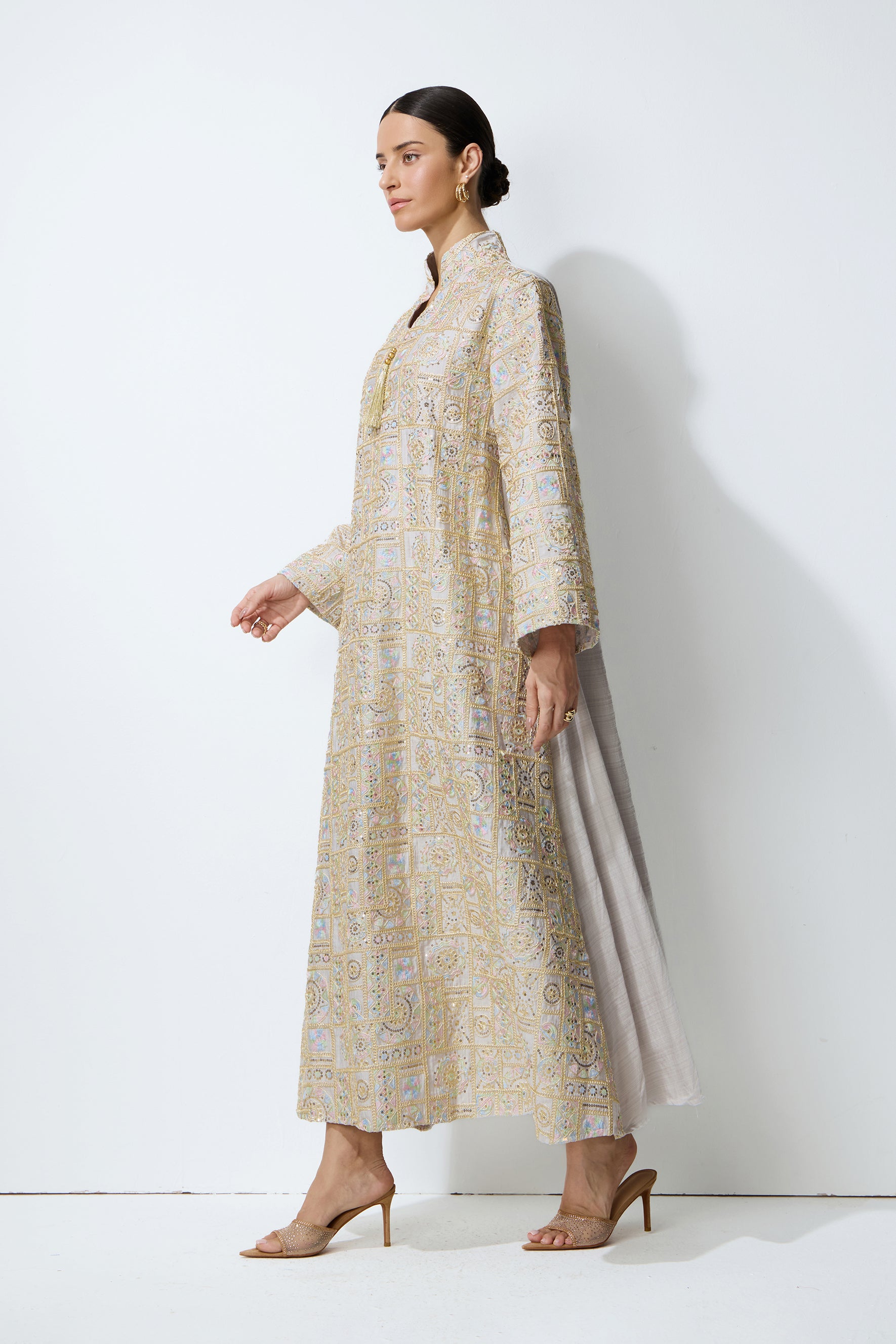 Luxe Evening Grey Geometric Embroidered Kaftan Maxi Dress