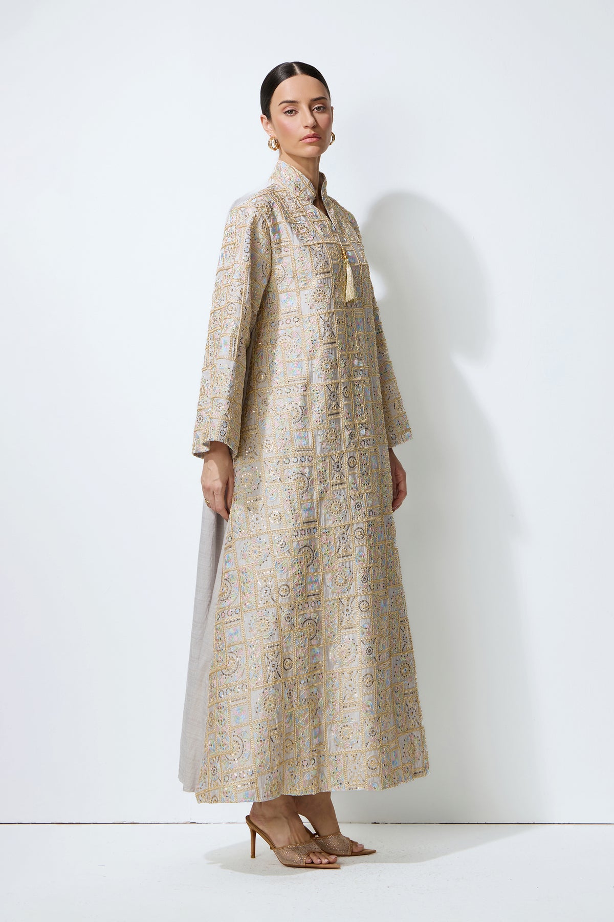 Luxe Evening Grey Geometric Embroidered Kaftan Maxi Dress