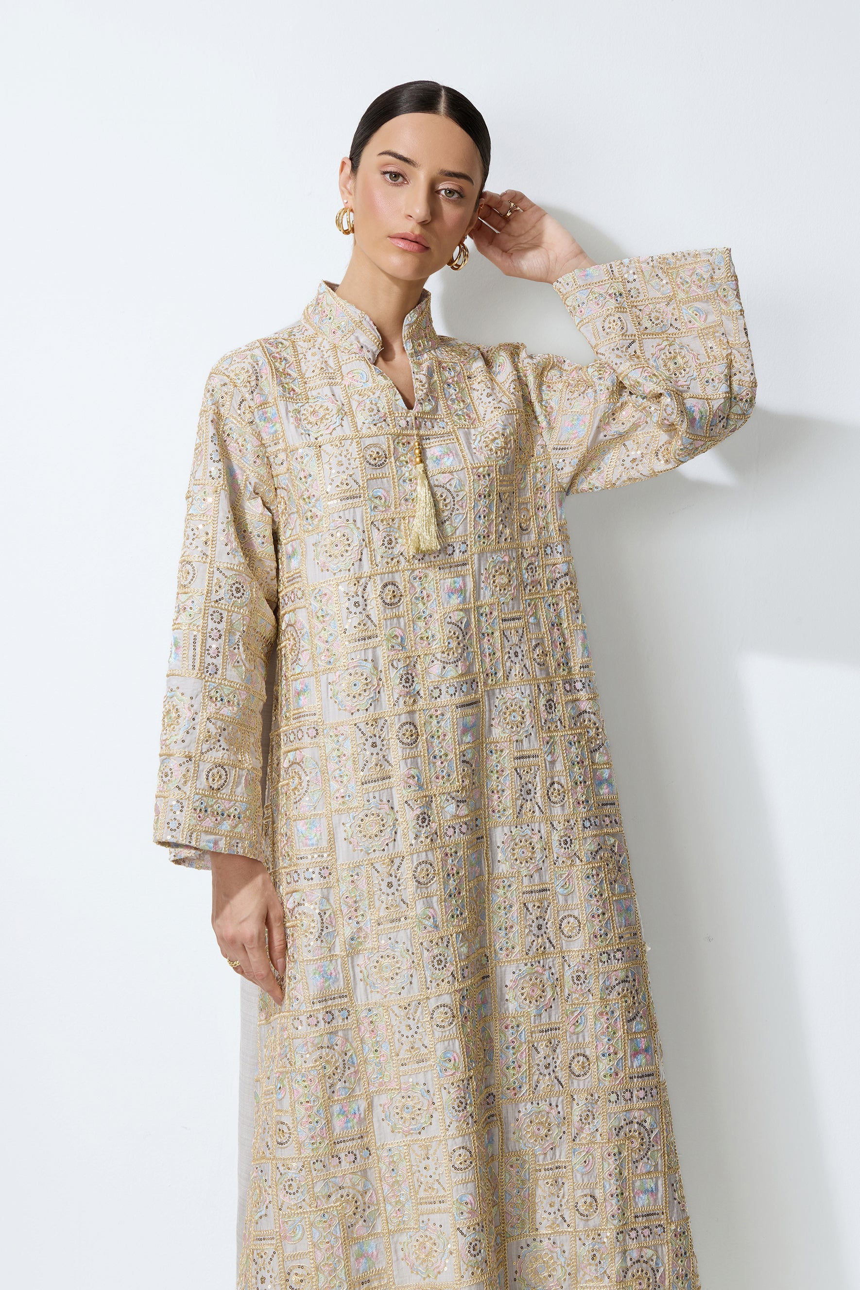 Luxe Evening Grey Geometric Embroidered Kaftan Maxi Dress