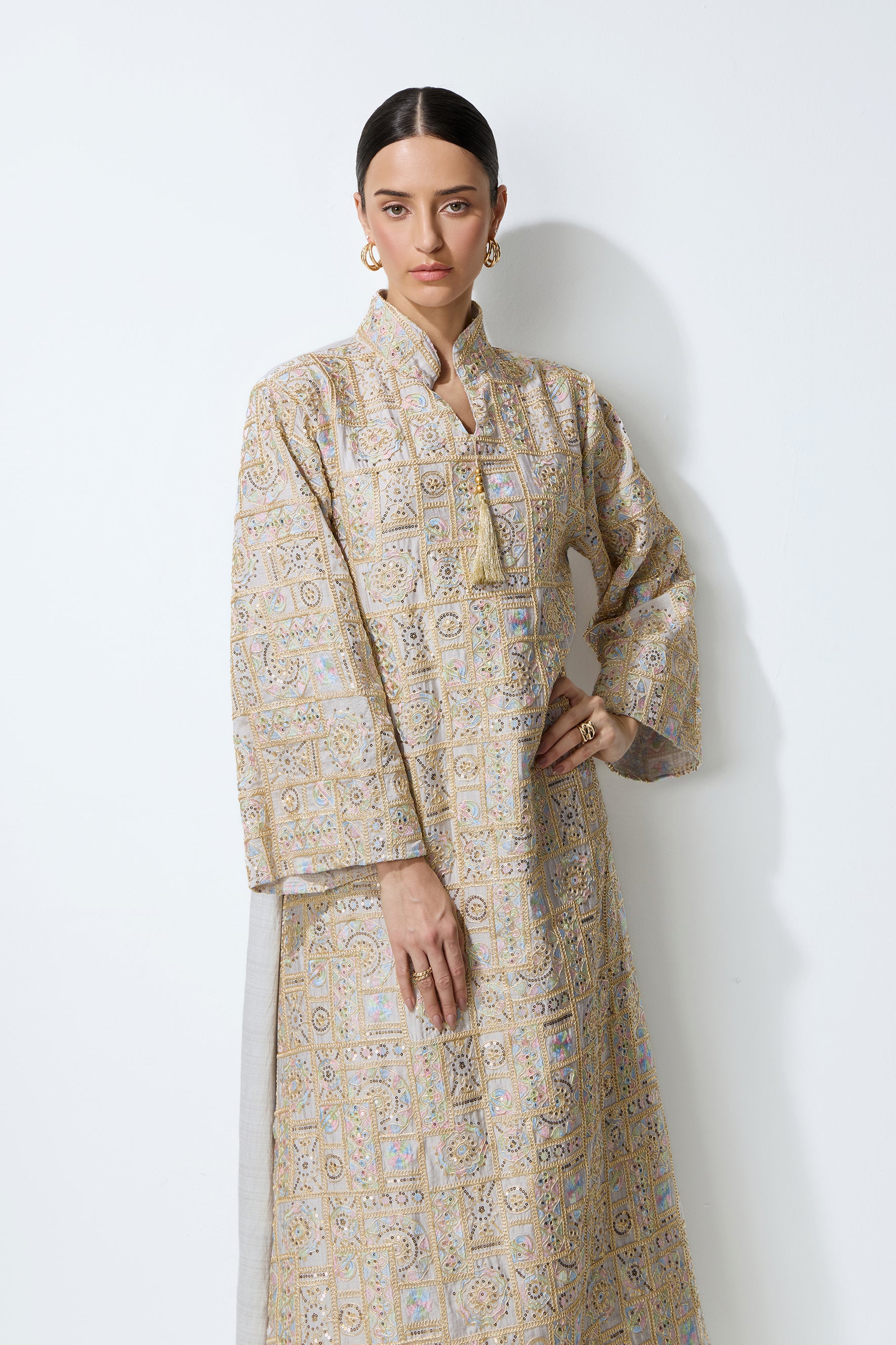 Luxe Evening Grey Geometric Embroidered Kaftan Maxi Dress