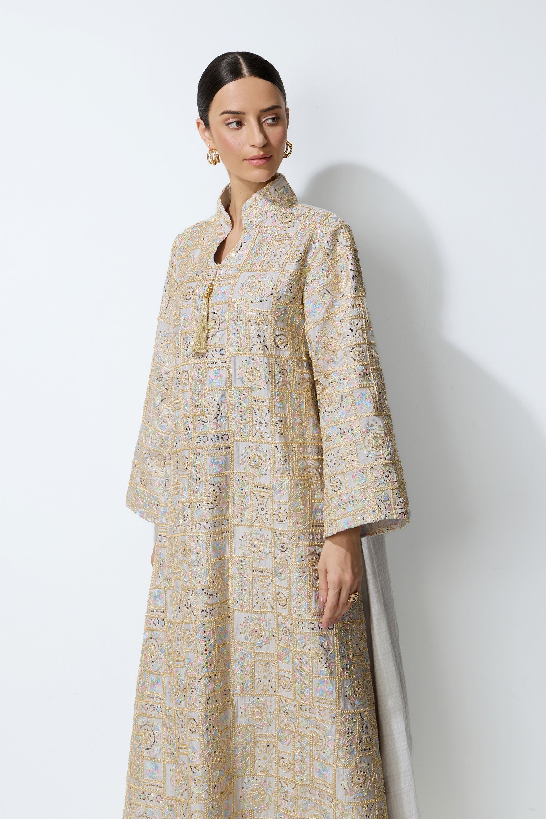 Luxe Evening Grey Geometric Embroidered Kaftan Maxi Dress