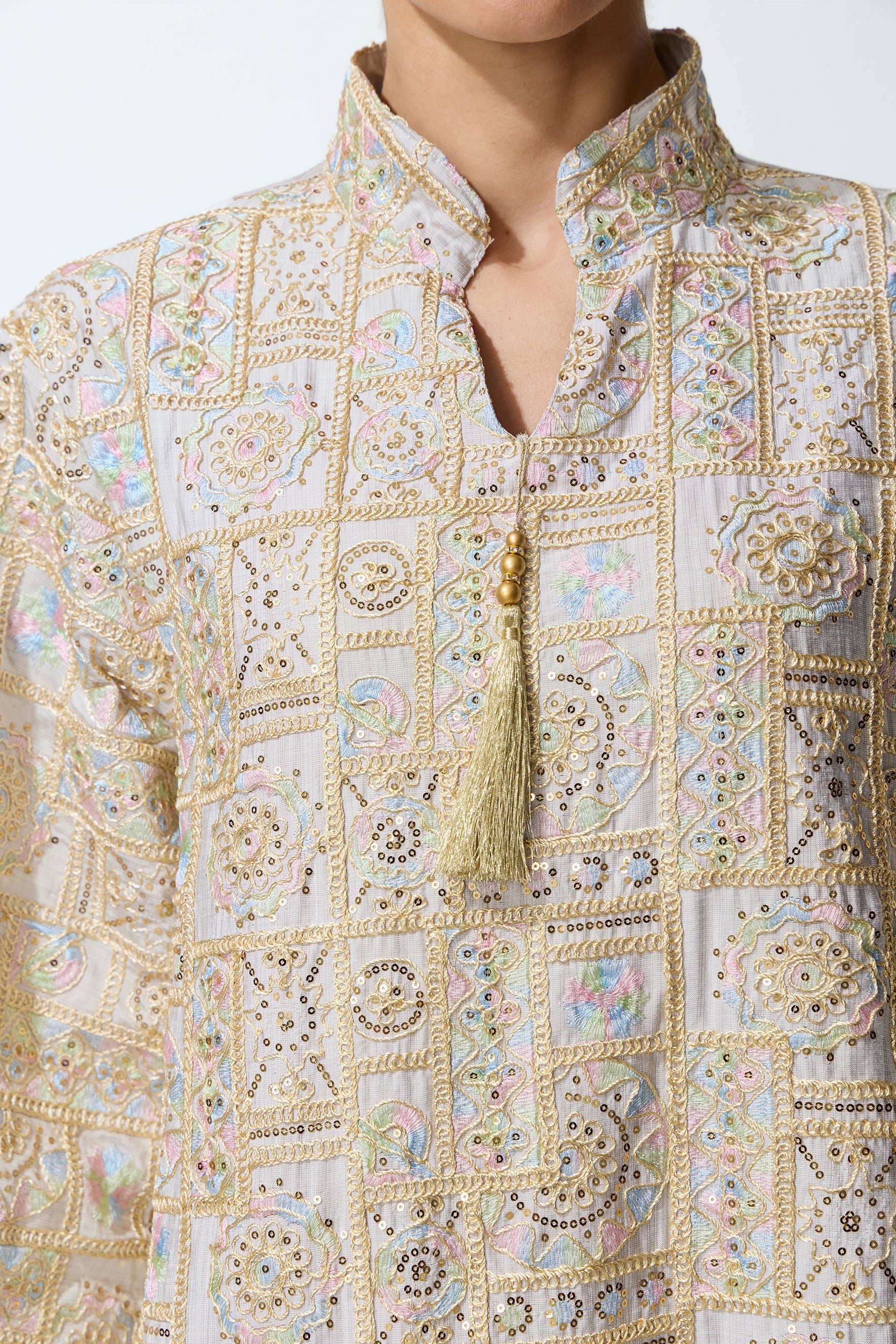 Luxe Evening Grey Geometric Embroidered Kaftan Maxi Dress