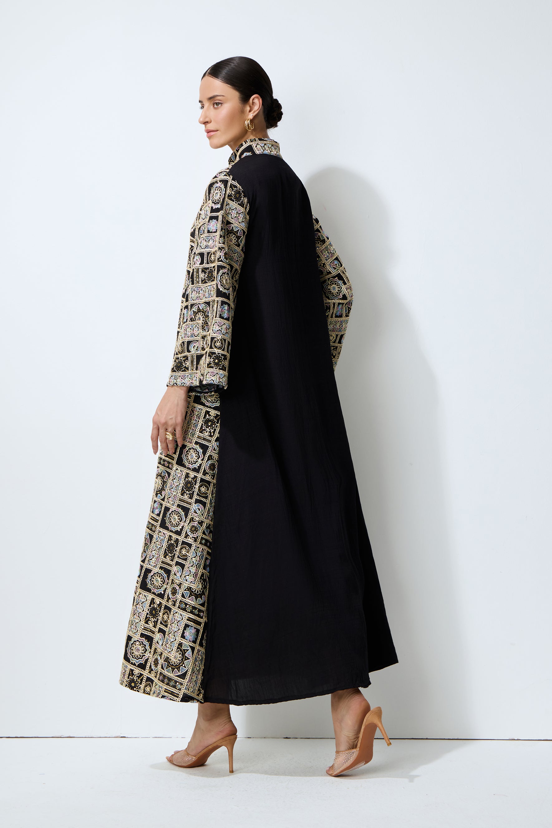 Luxe Evening Black Geometric Embroidered Kaftan Maxi Dress