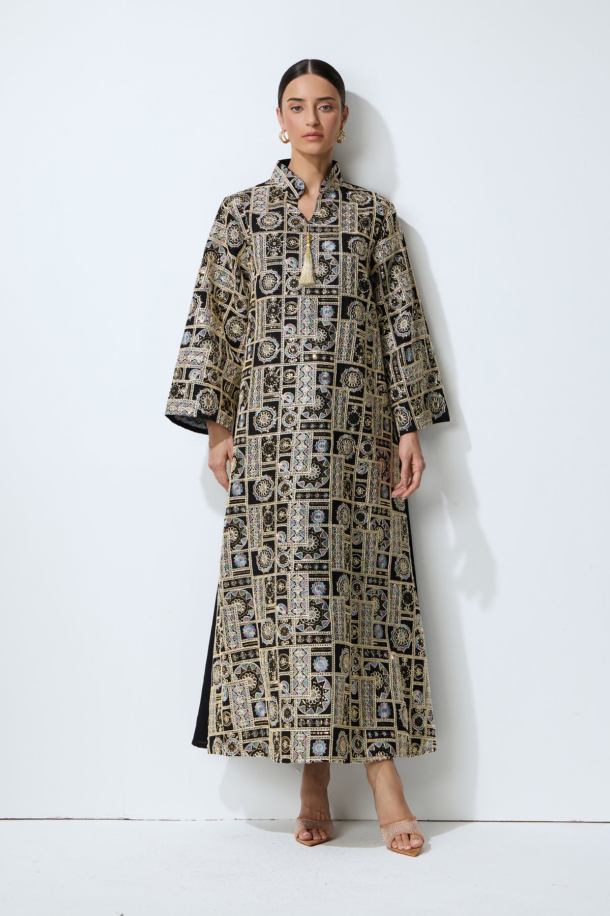 Luxe Evening Black Geometric Embroidered Kaftan Maxi Dress