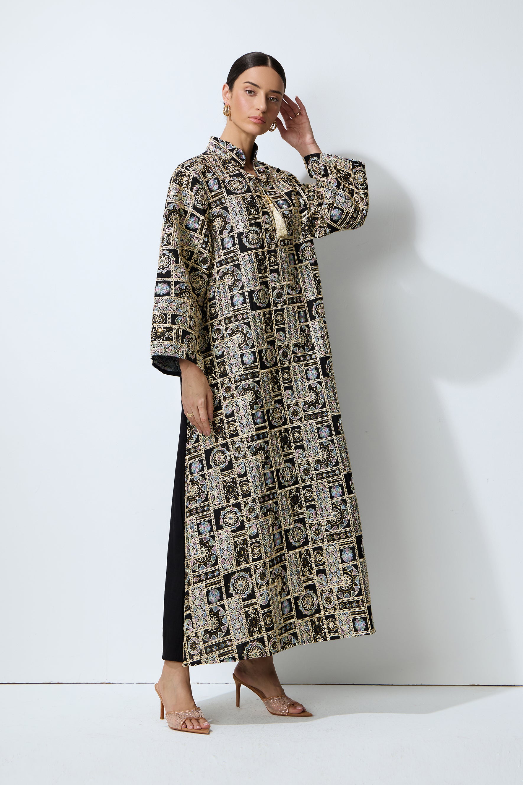 Luxe Evening Black Geometric Embroidered Kaftan Maxi Dress