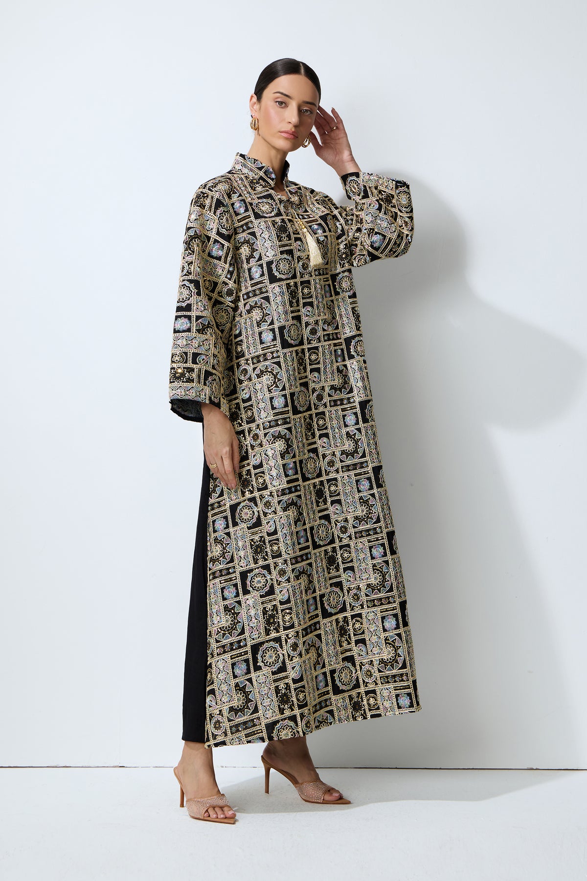 Luxe Evening Black Geometric Embroidered Kaftan Maxi Dress