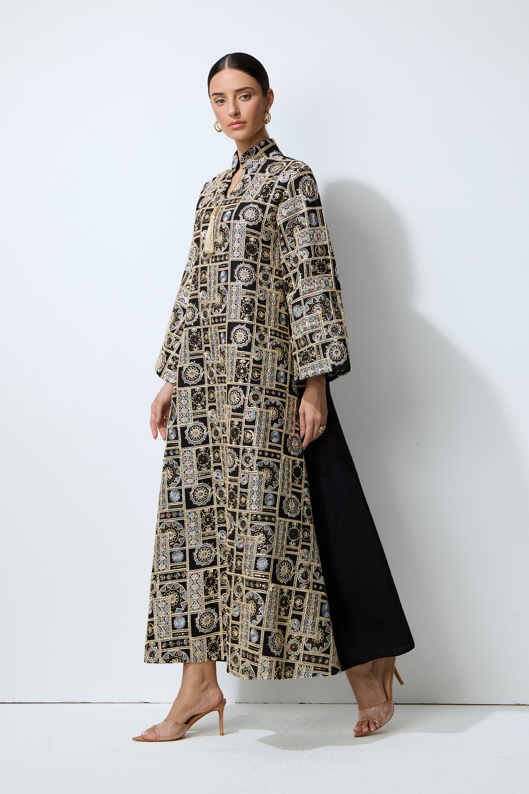 Luxe Evening Black Geometric Embroidered Kaftan Maxi Dress