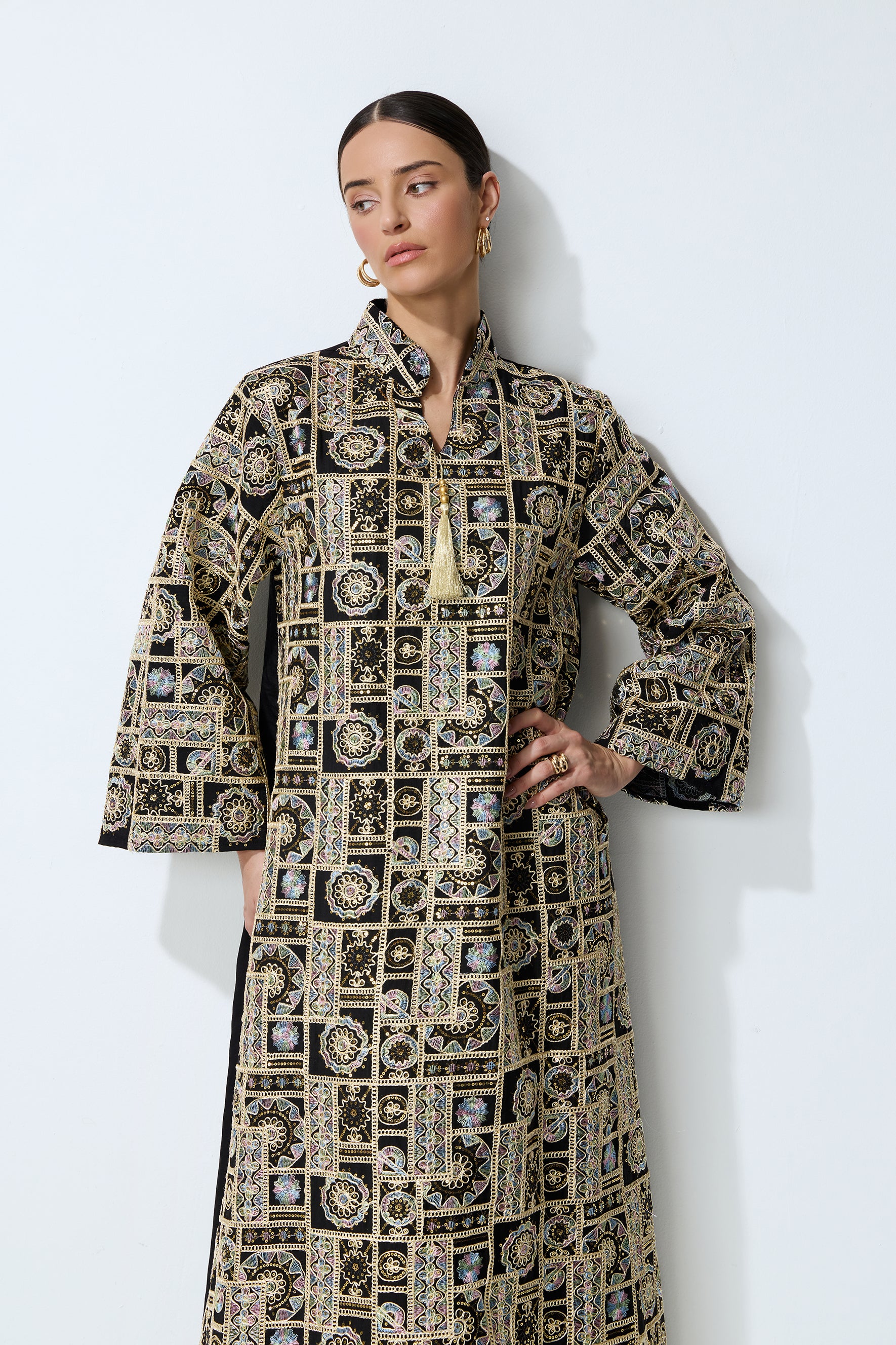 Luxe Evening Black Geometric Embroidered Kaftan Maxi Dress