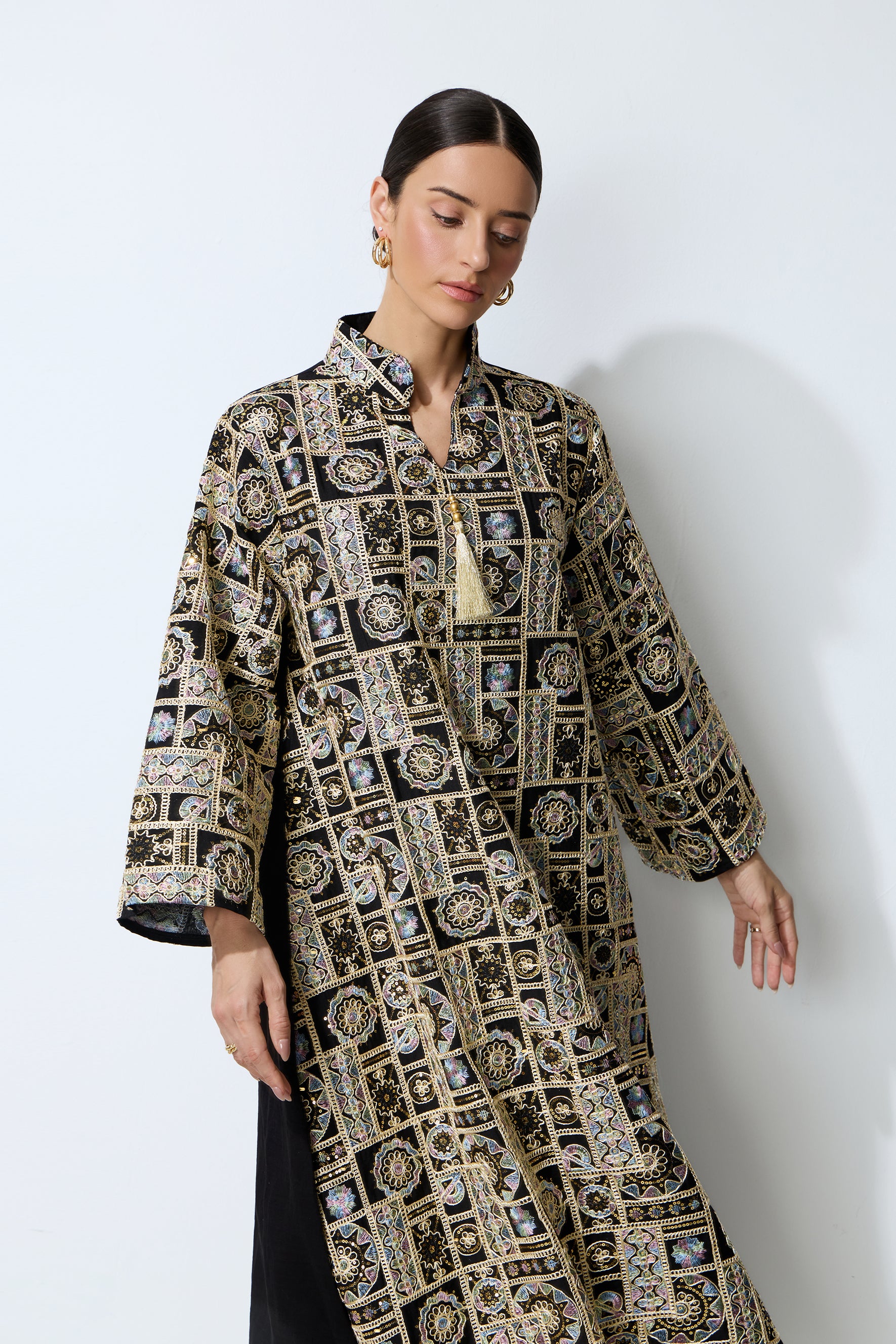 Luxe Evening Black Geometric Embroidered Kaftan Maxi Dress