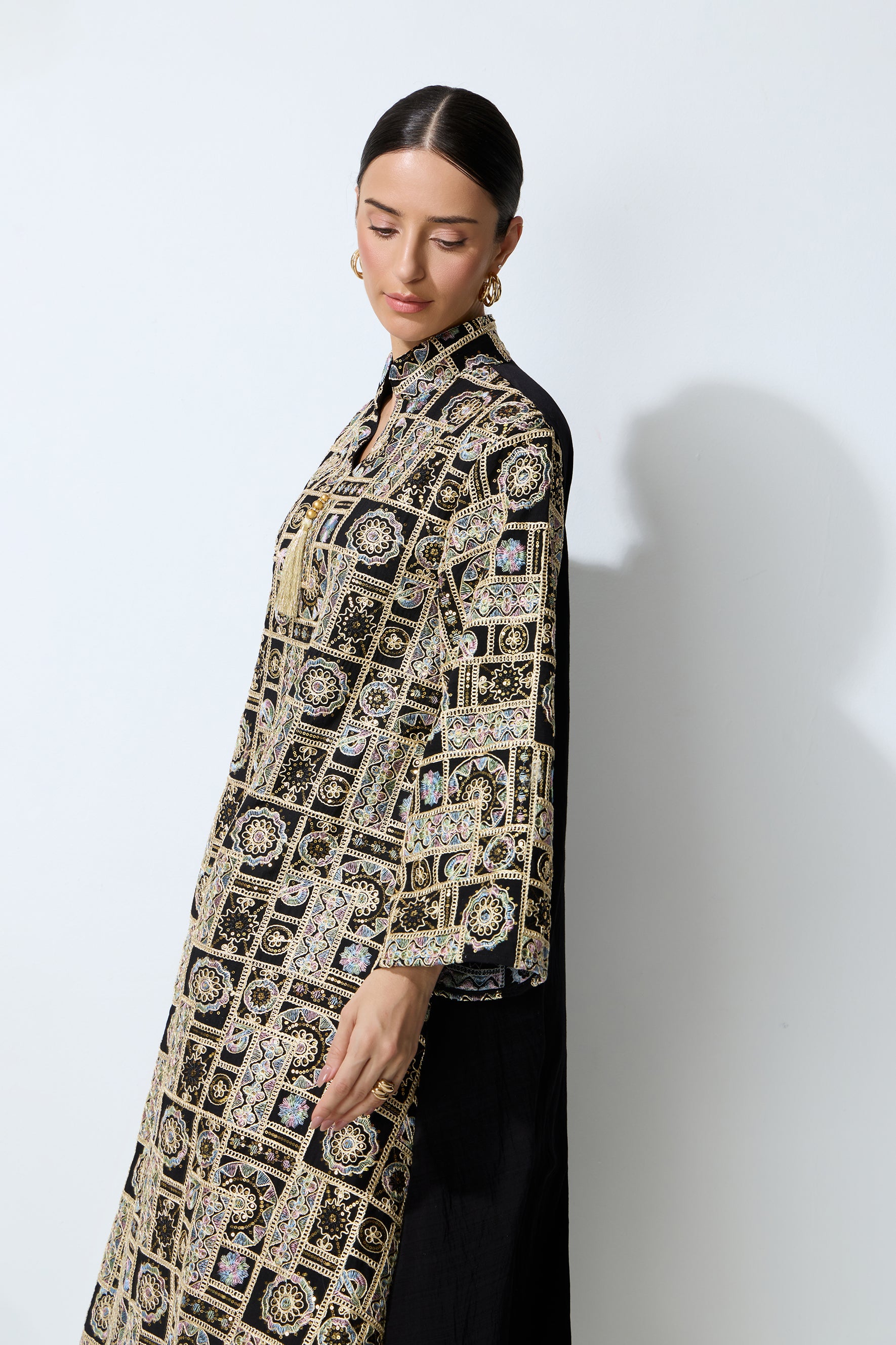 Luxe Evening Black Geometric Embroidered Kaftan Maxi Dress