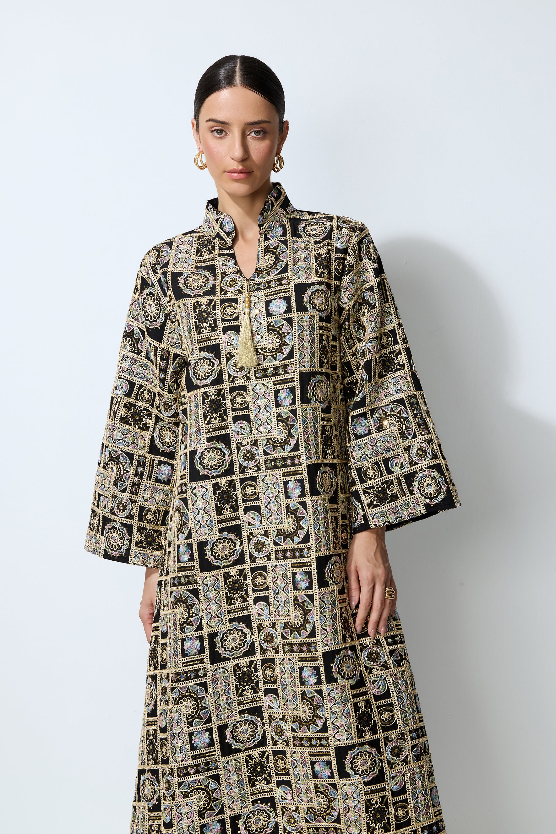 Luxe Evening Black Geometric Embroidered Kaftan Maxi Dress