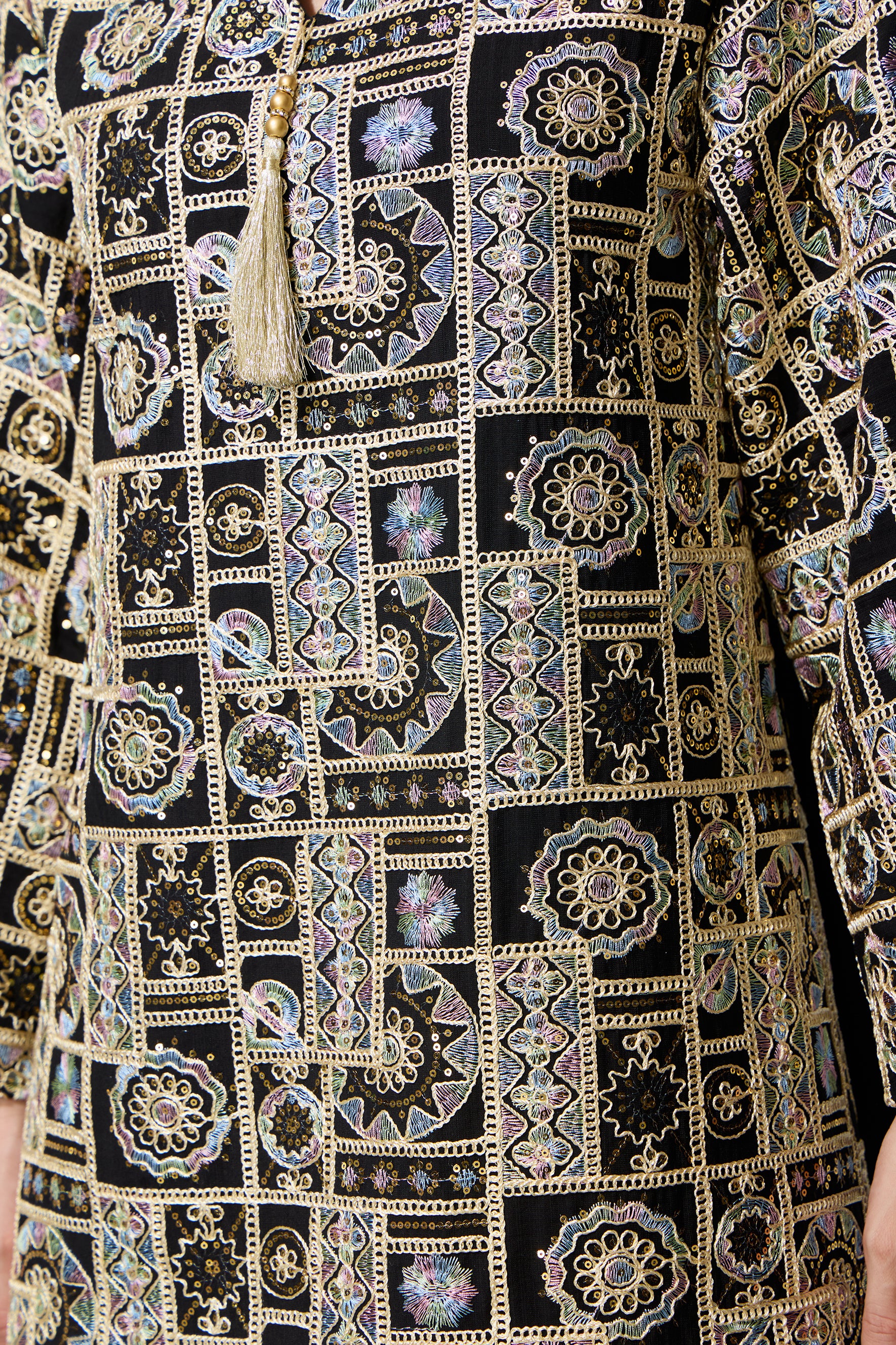Luxe Evening Black Geometric Embroidered Kaftan Maxi Dress