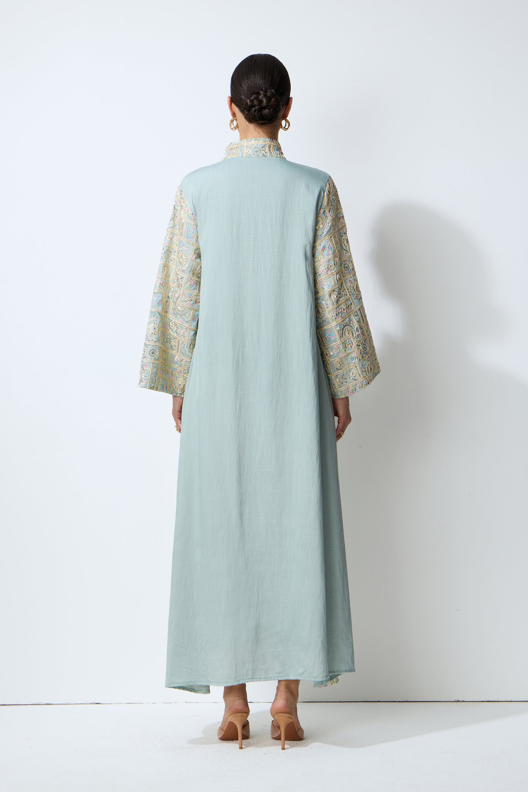 Luxe Evening Blue Geometric Embroidered Kaftan Maxi Dress