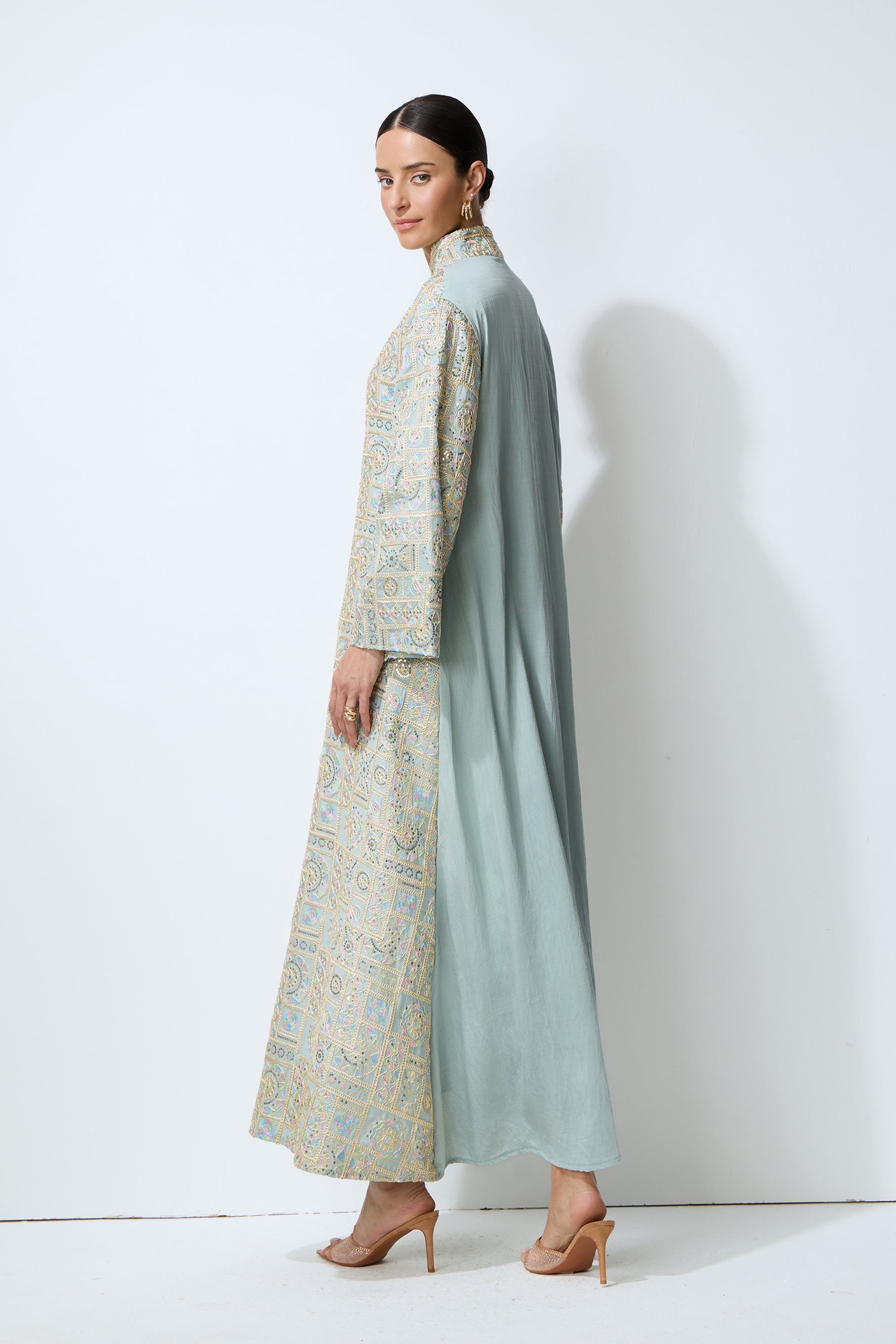 Luxe Evening Blue Geometric Embroidered Kaftan Maxi Dress