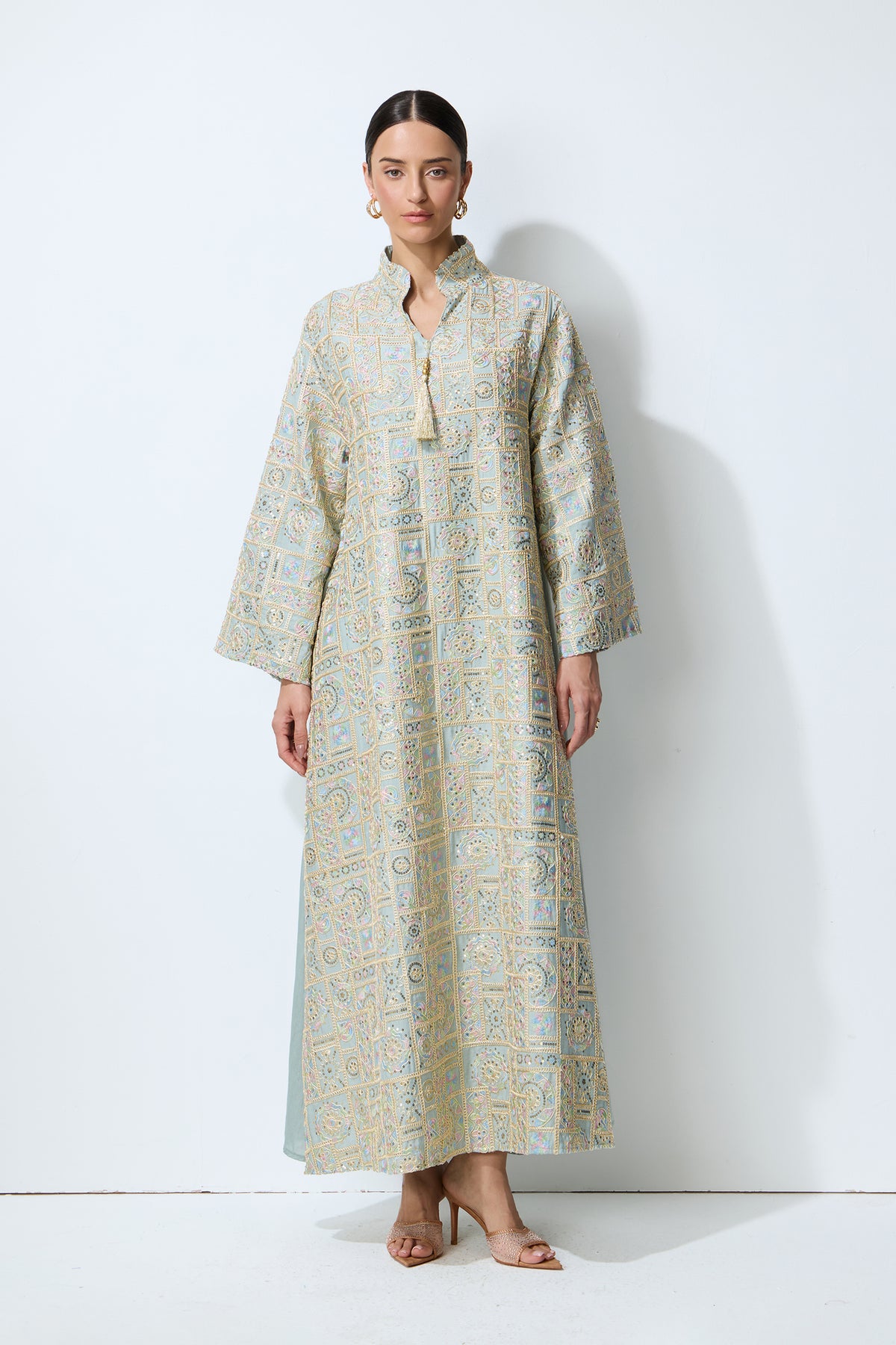 Luxe Evening Blue Geometric Embroidered Kaftan Maxi Dress