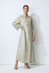 Luxe Evening Blue Geometric Embroidered Kaftan Maxi Dress