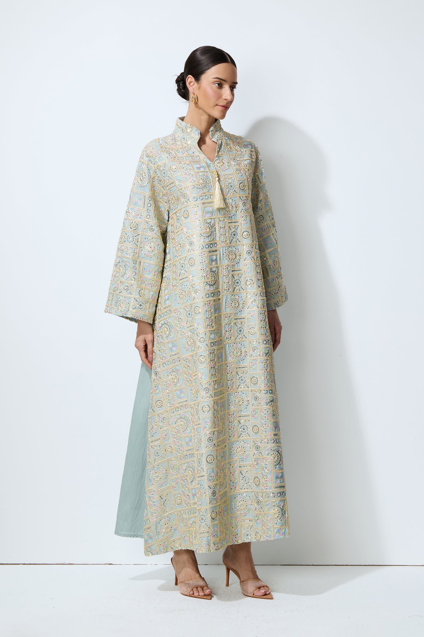 Luxe Evening Blue Geometric Embroidered Kaftan Maxi Dress