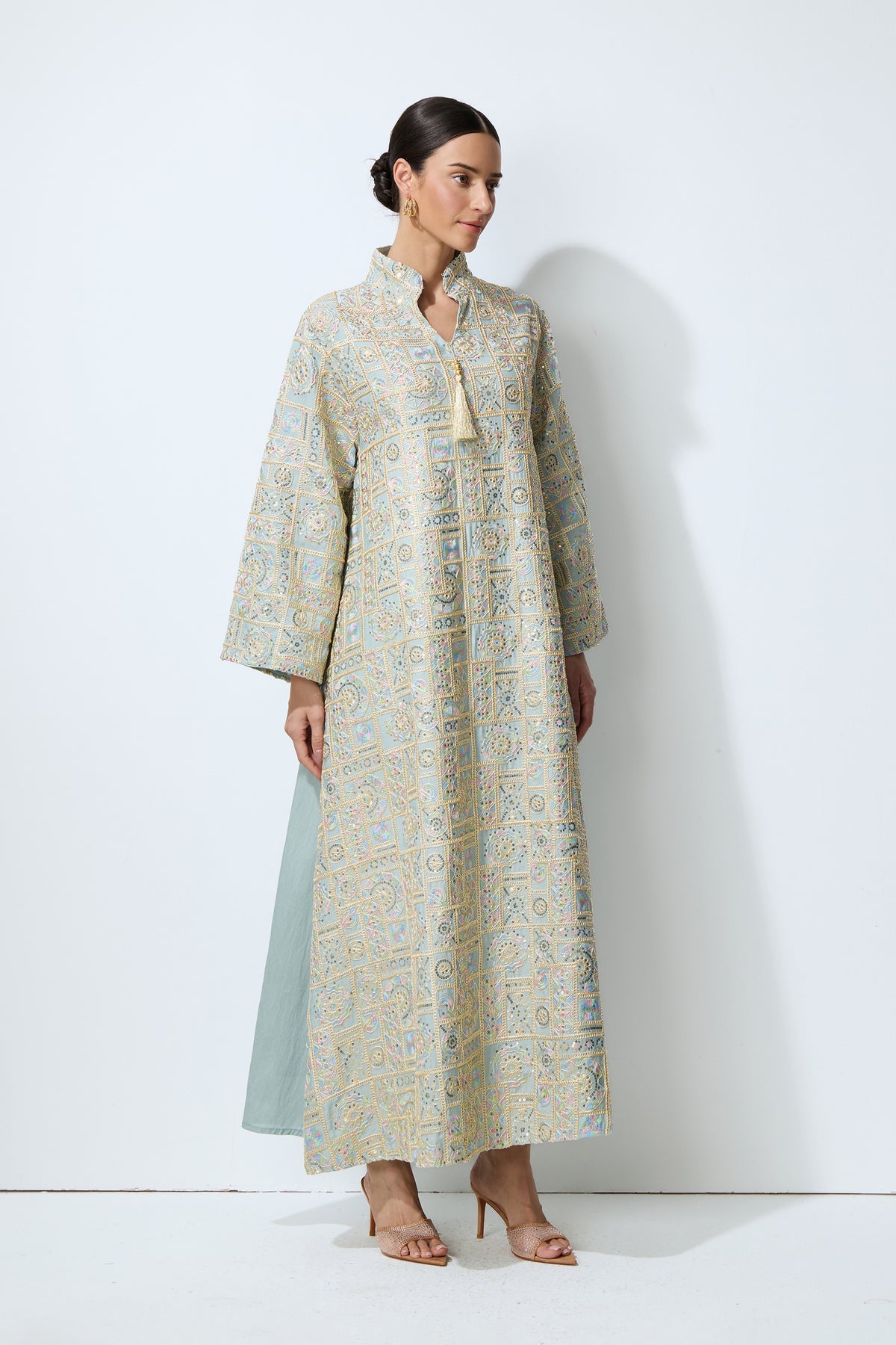 Luxe Evening Blue Geometric Embroidered Kaftan Maxi Dress