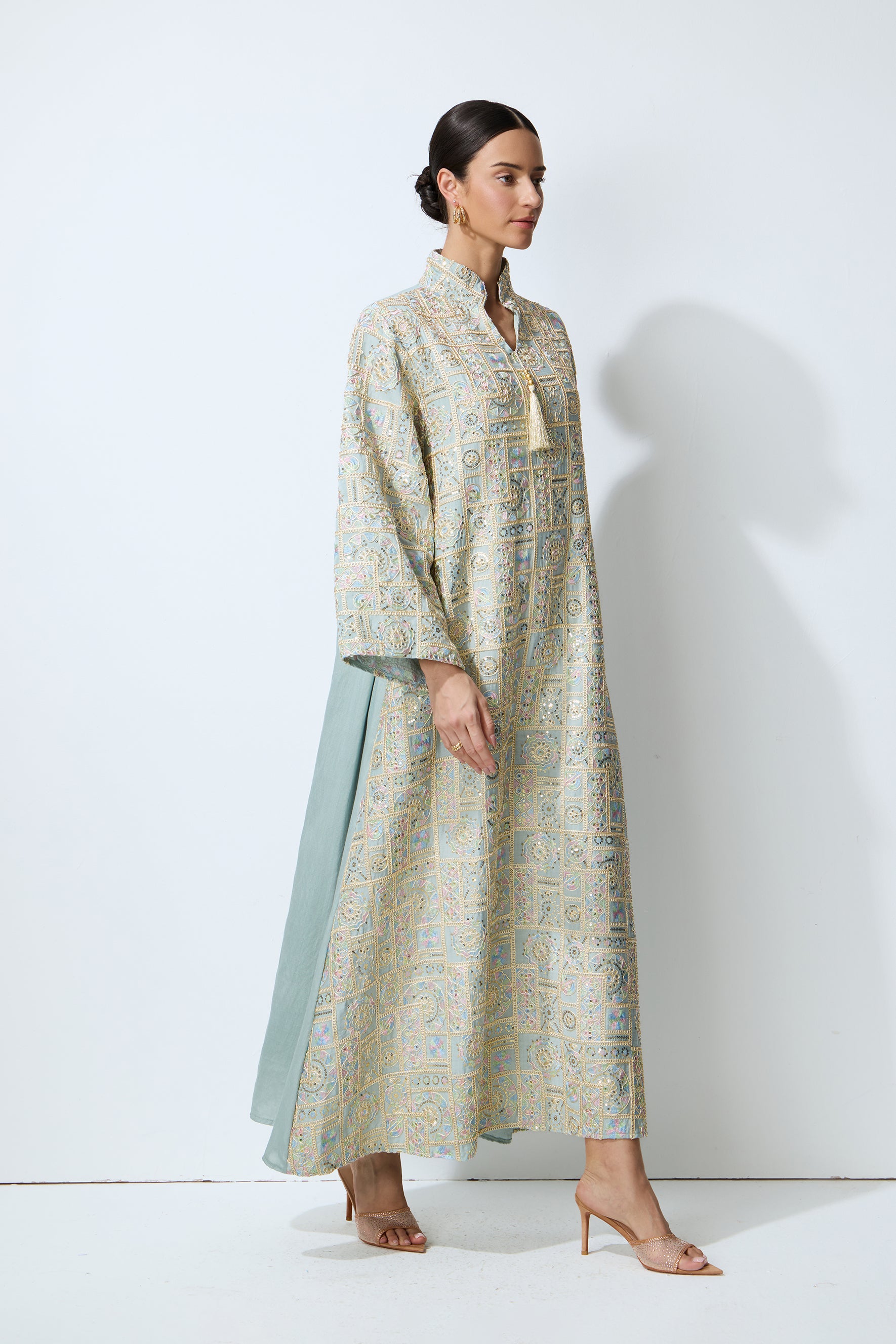 Luxe Evening Blue Geometric Embroidered Kaftan Maxi Dress