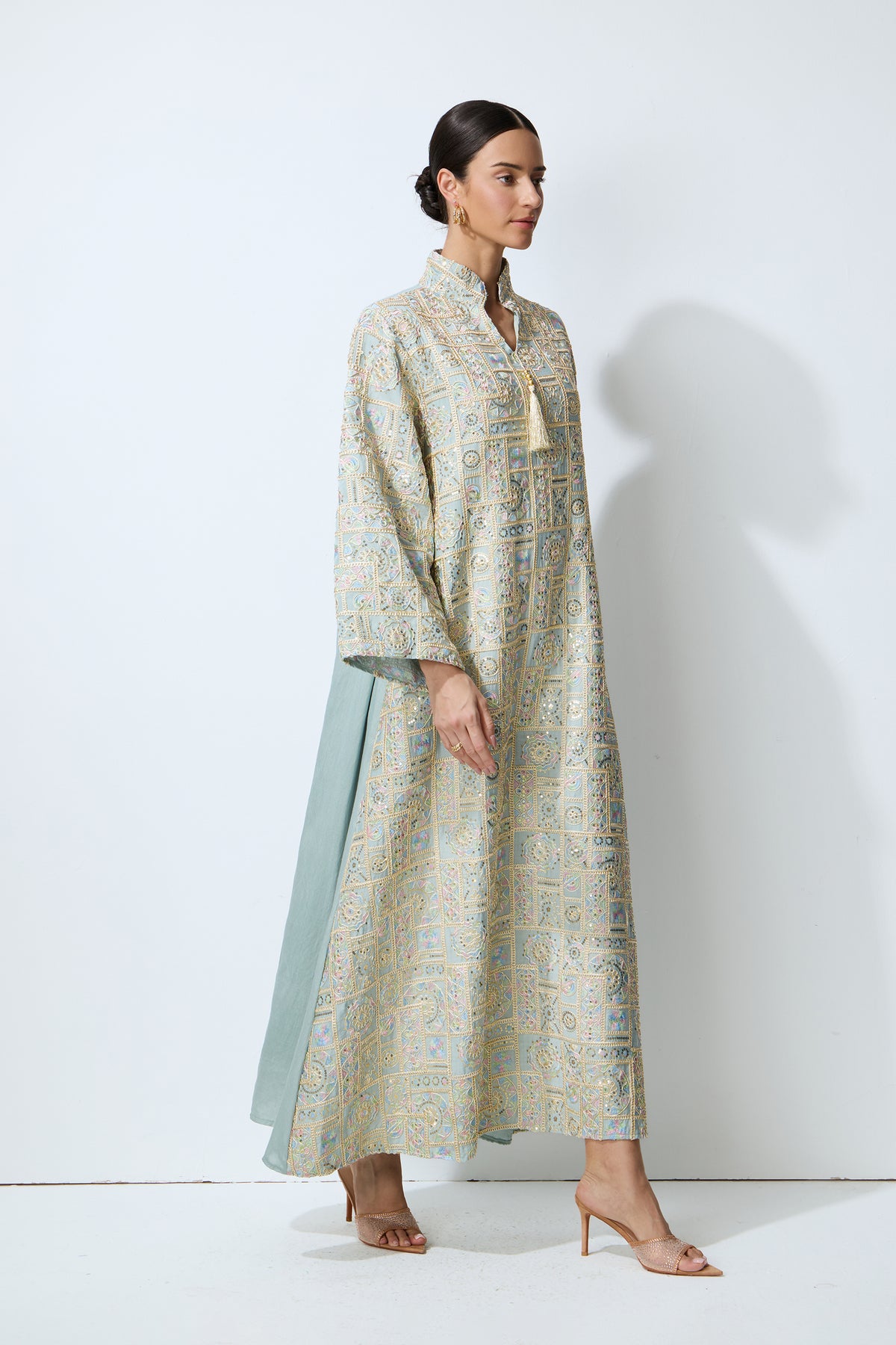 Luxe Evening Blue Geometric Embroidered Kaftan Maxi Dress