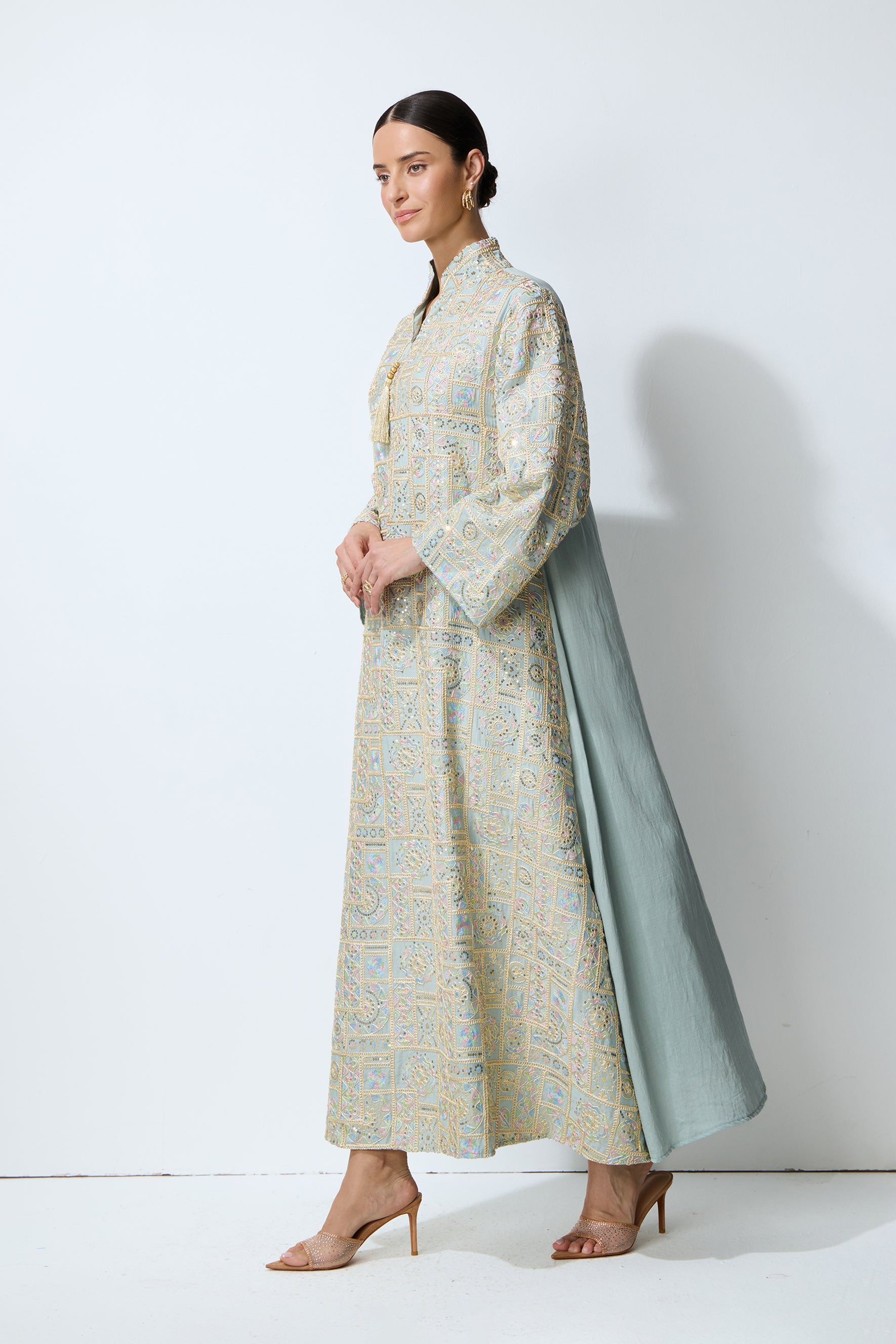 Luxe Evening Blue Geometric Embroidered Kaftan Maxi Dress