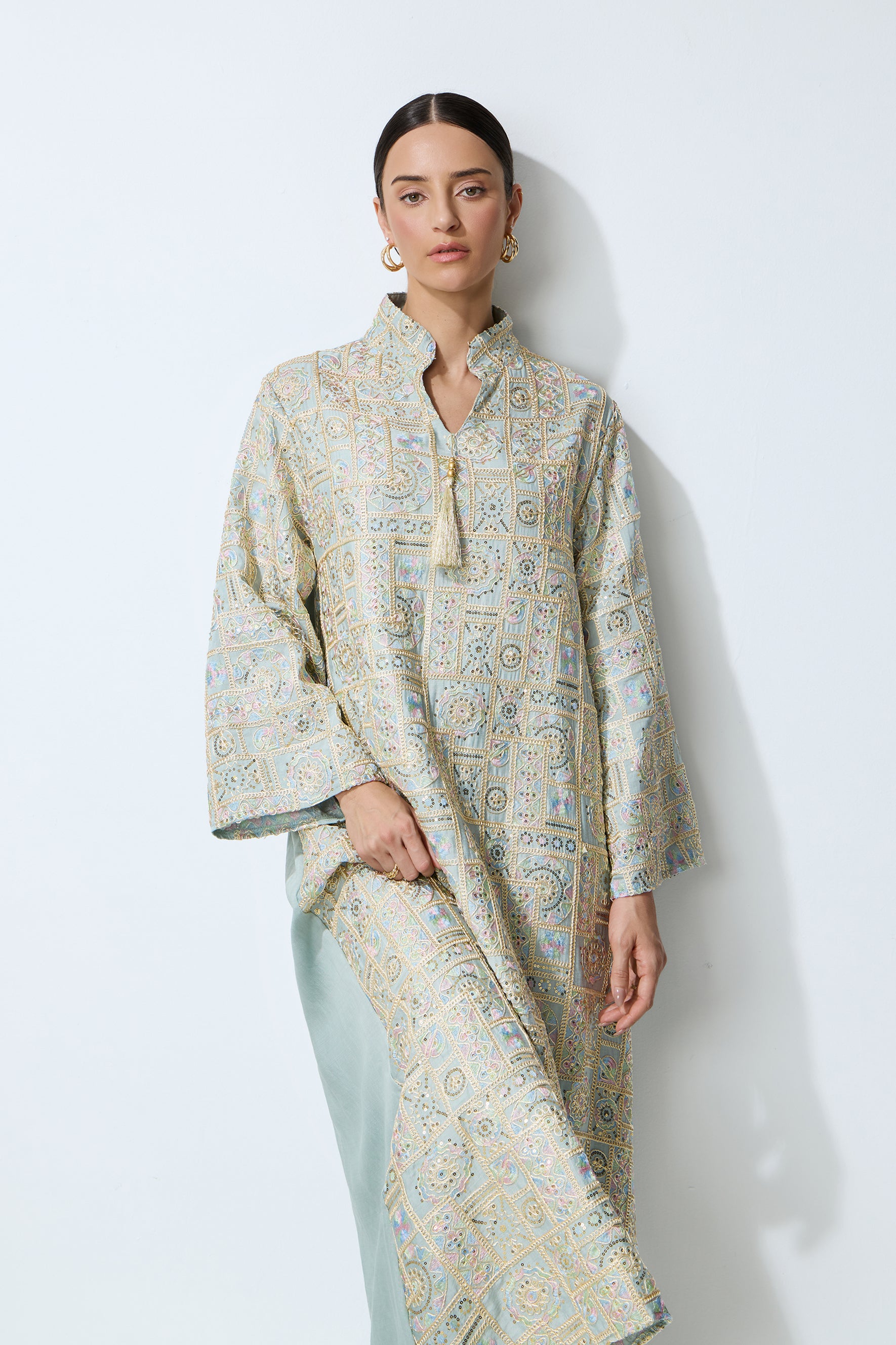 Luxe Evening Blue Geometric Embroidered Kaftan Maxi Dress