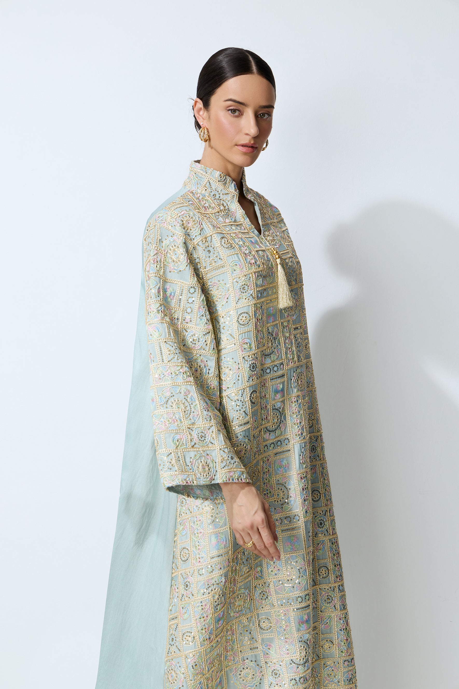 Luxe Evening Blue Geometric Embroidered Kaftan Maxi Dress