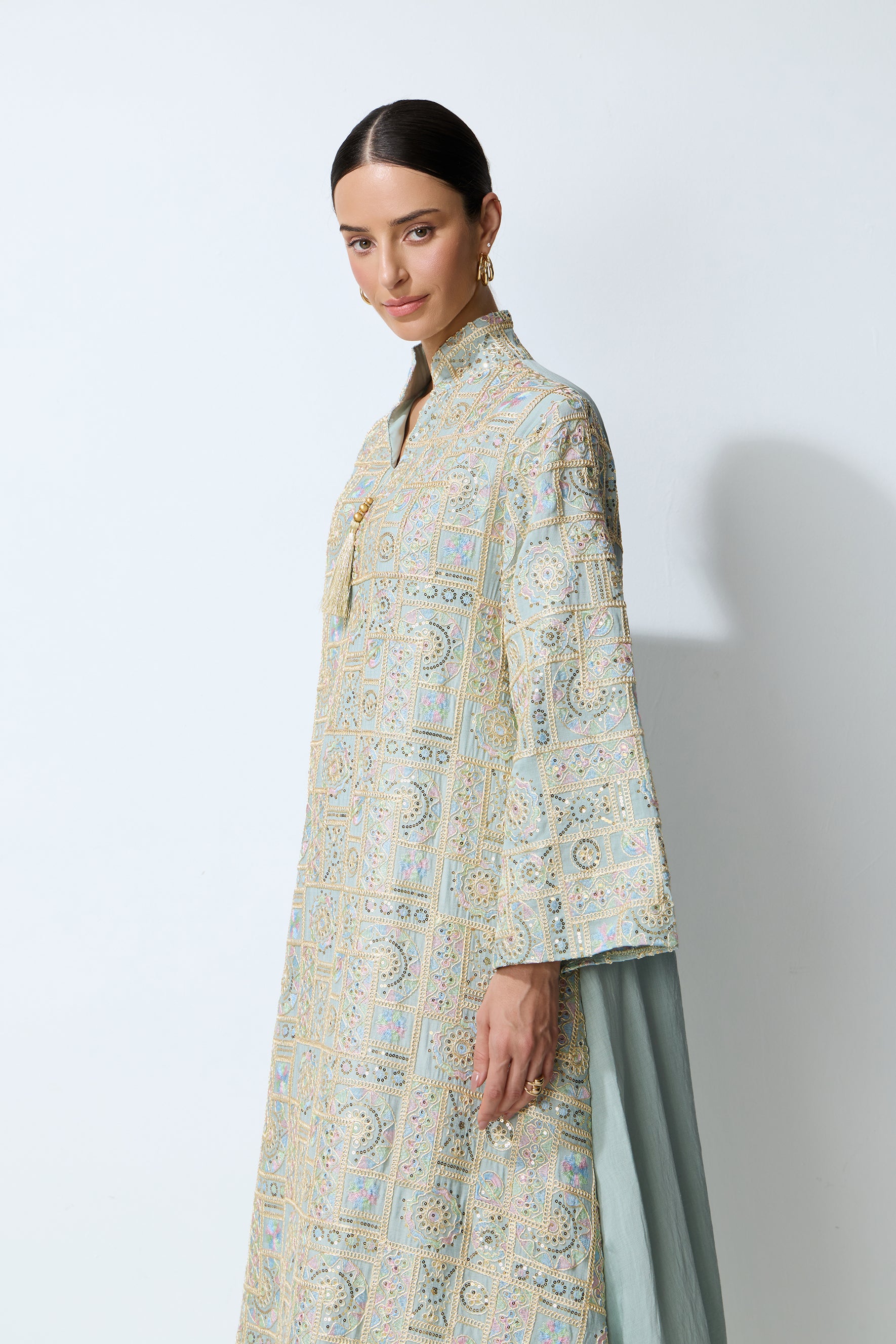 Luxe Evening Blue Geometric Embroidered Kaftan Maxi Dress