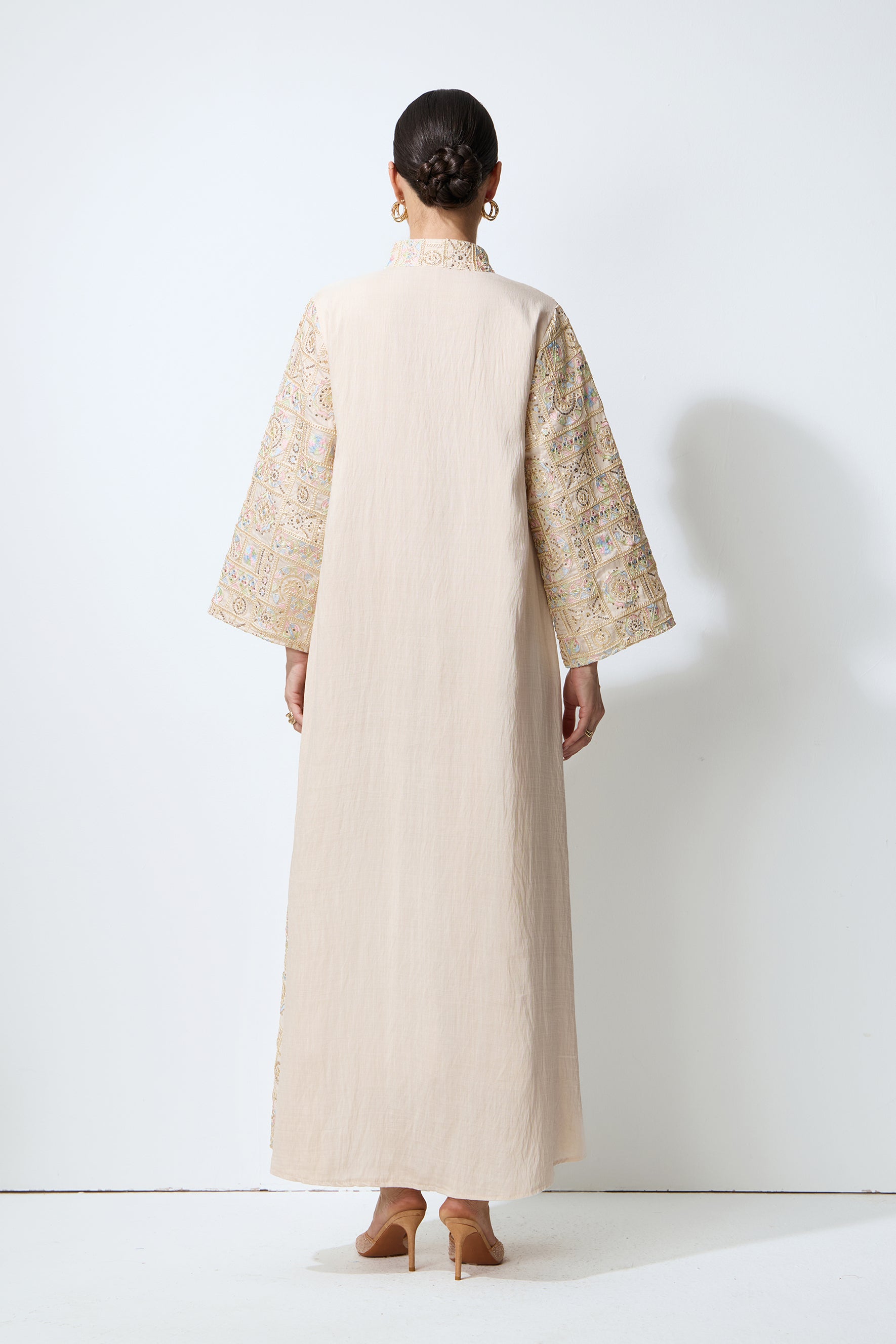 Luxe Evening Apricot Geometric Embroidered Kaftan Maxi Dress