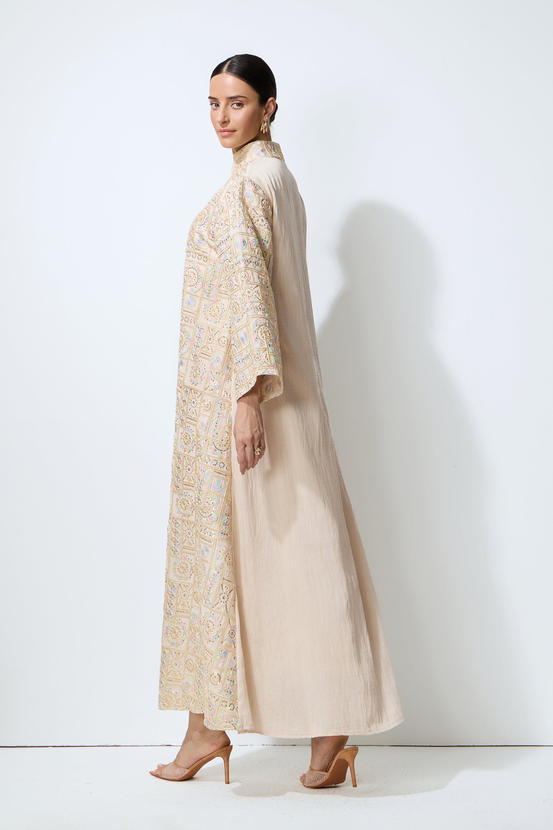 Luxe Evening Apricot Geometric Embroidered Kaftan Maxi Dress
