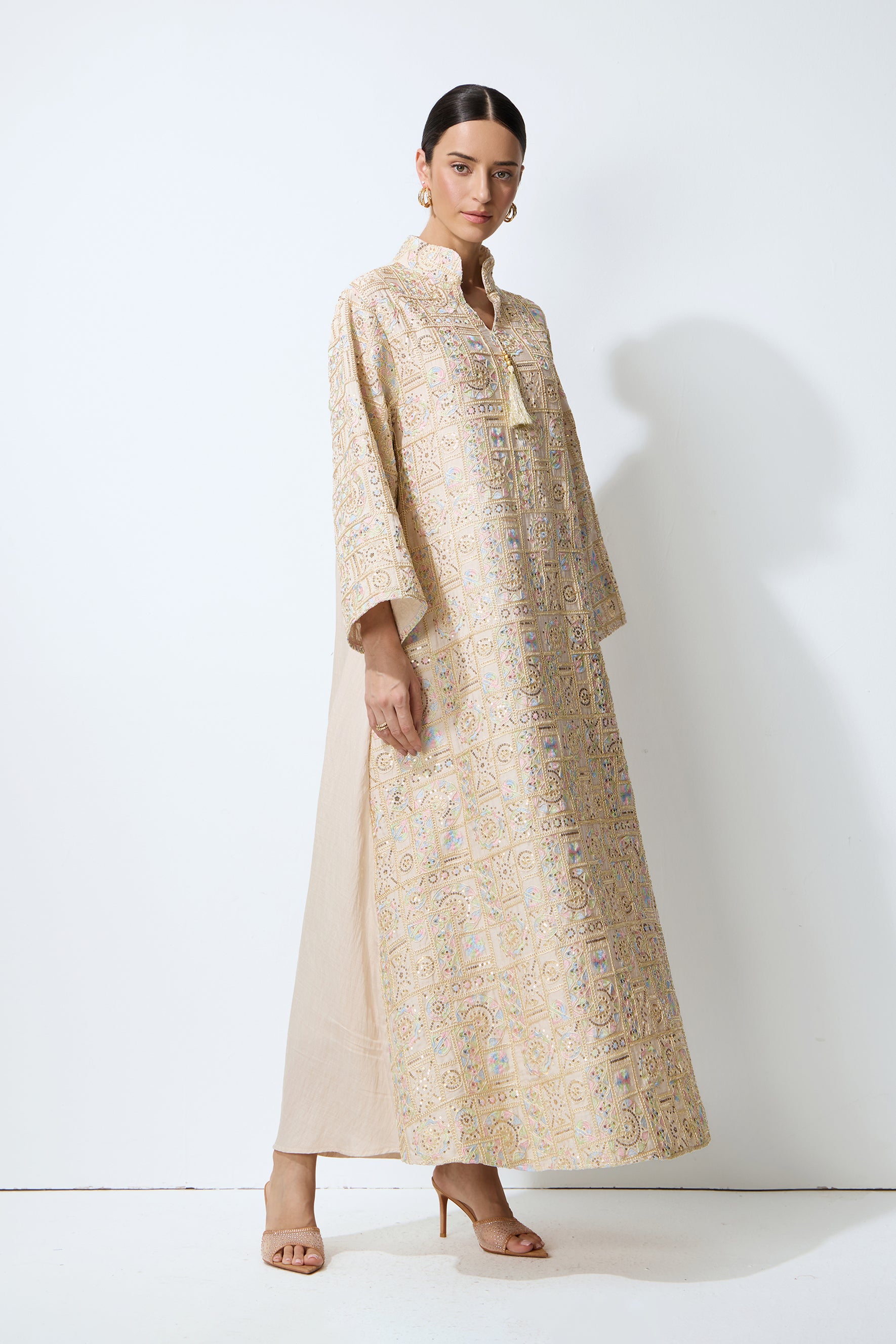 Luxe Evening Apricot Geometric Embroidered Kaftan Maxi Dress