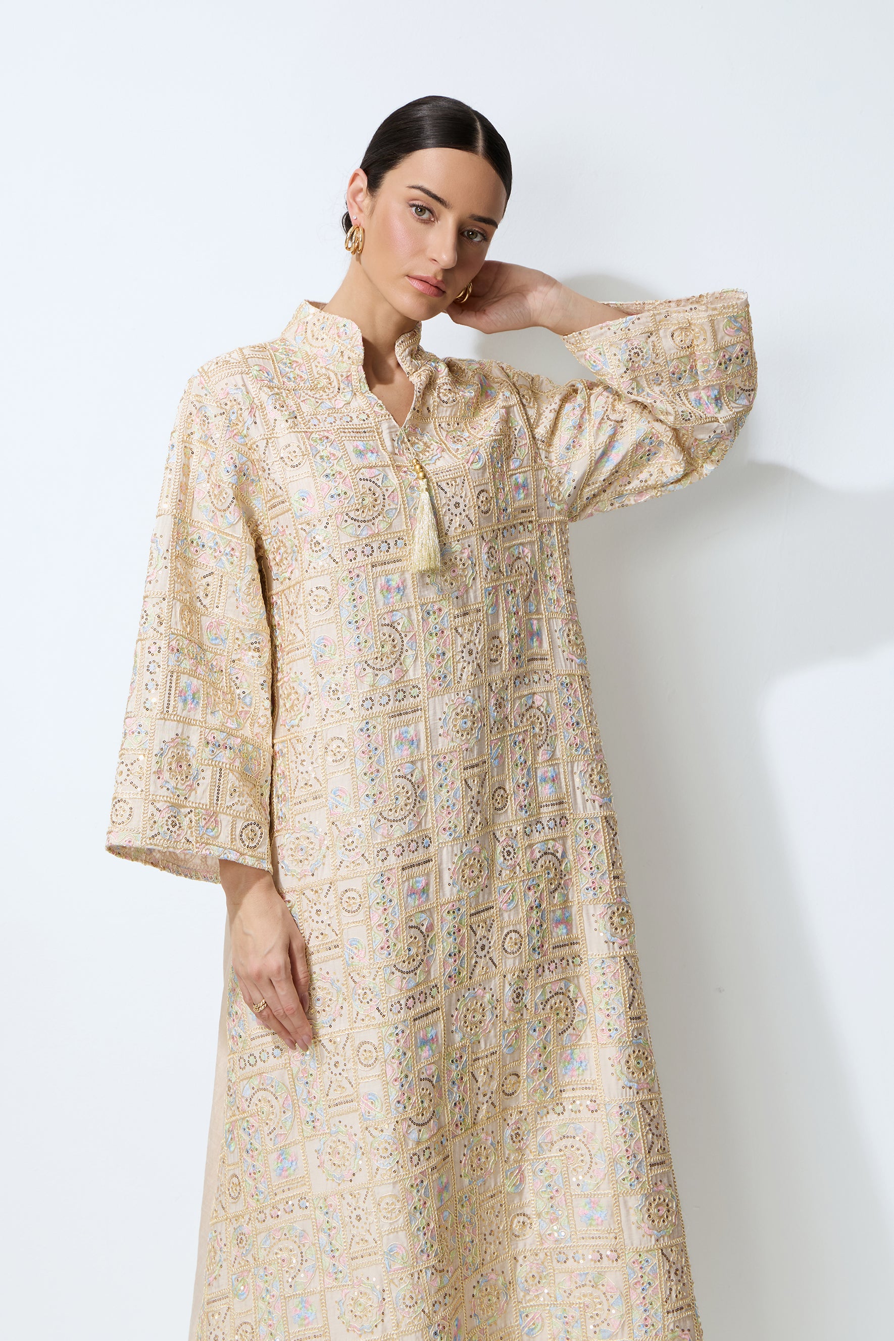 Luxe Evening Apricot Geometric Embroidered Kaftan Maxi Dress