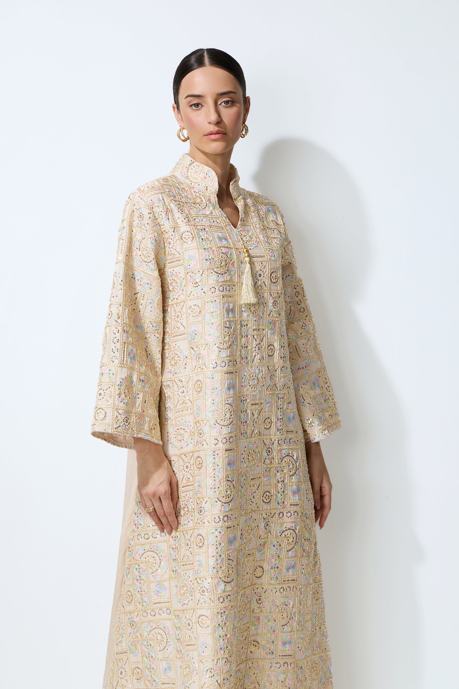 Luxe Evening Apricot Geometric Embroidered Kaftan Maxi Dress