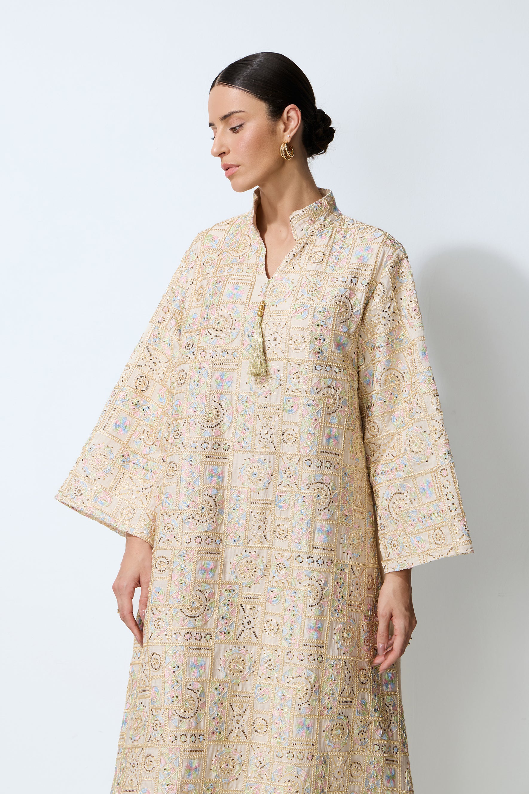 Luxe Evening Apricot Geometric Embroidered Kaftan Maxi Dress