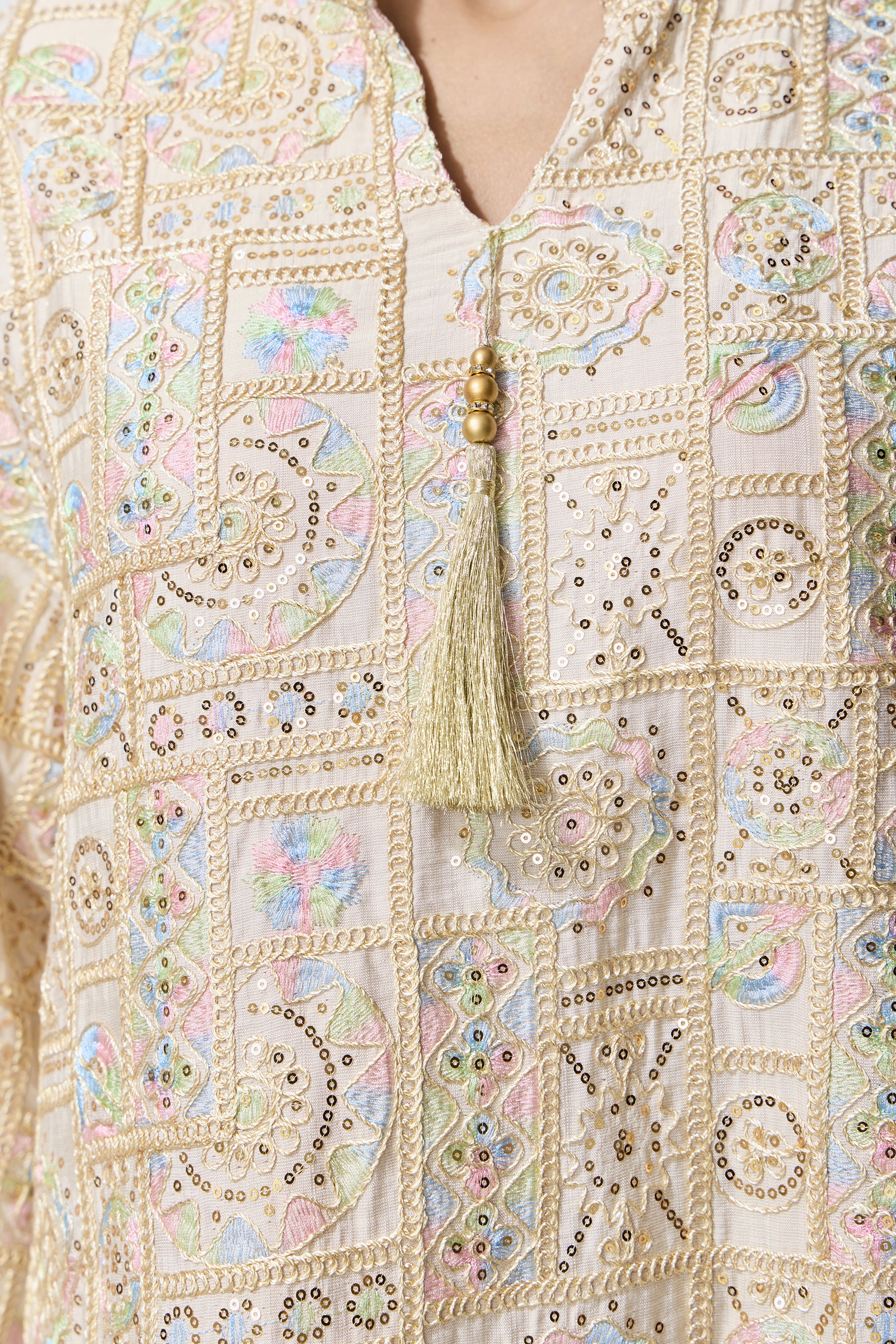 Luxe Evening Apricot Geometric Embroidered Kaftan Maxi Dress