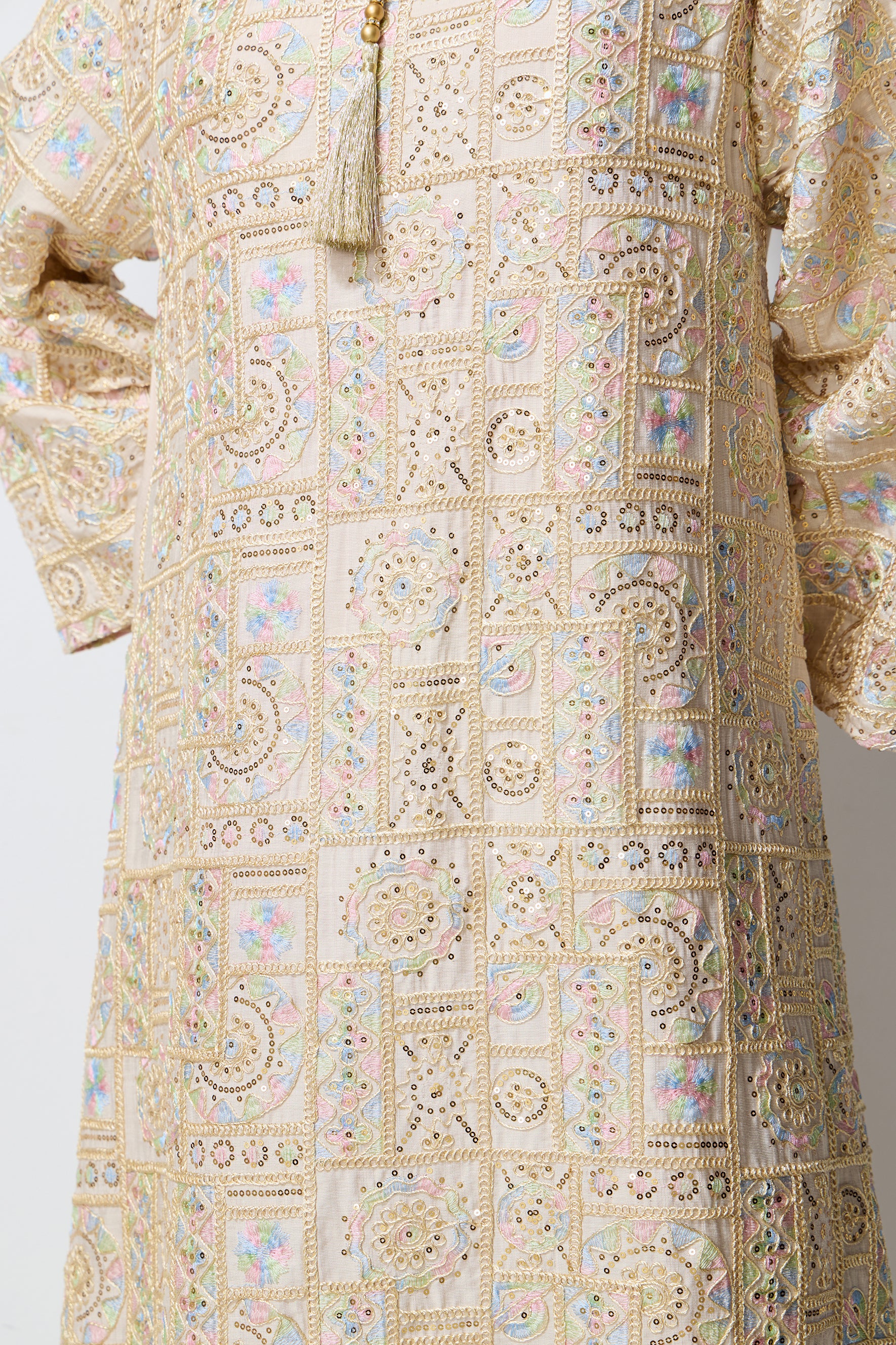Luxe Evening Apricot Geometric Embroidered Kaftan Maxi Dress