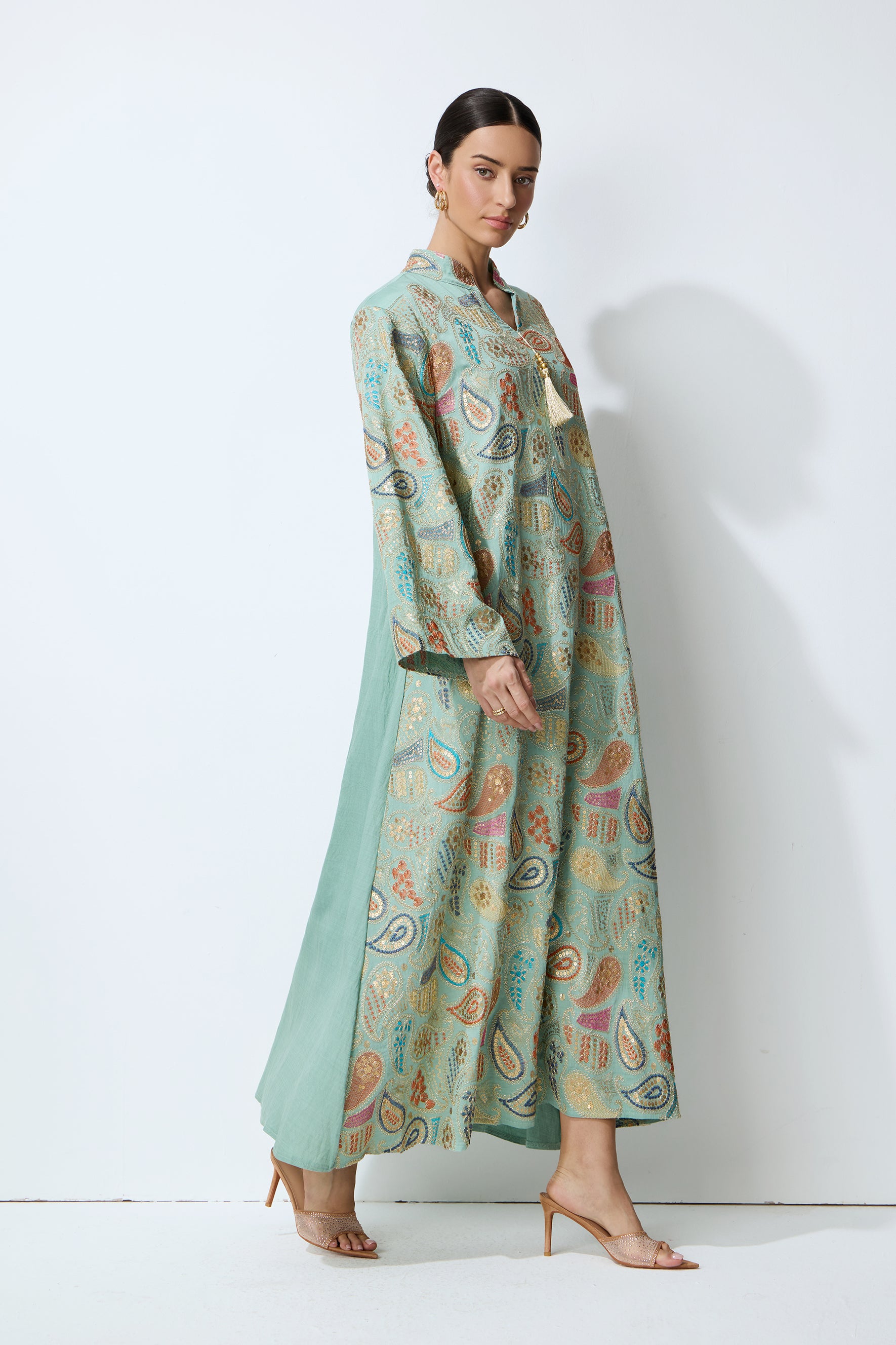 Gentle Prestige Green Paisley Print Kaftan Maxi Dress