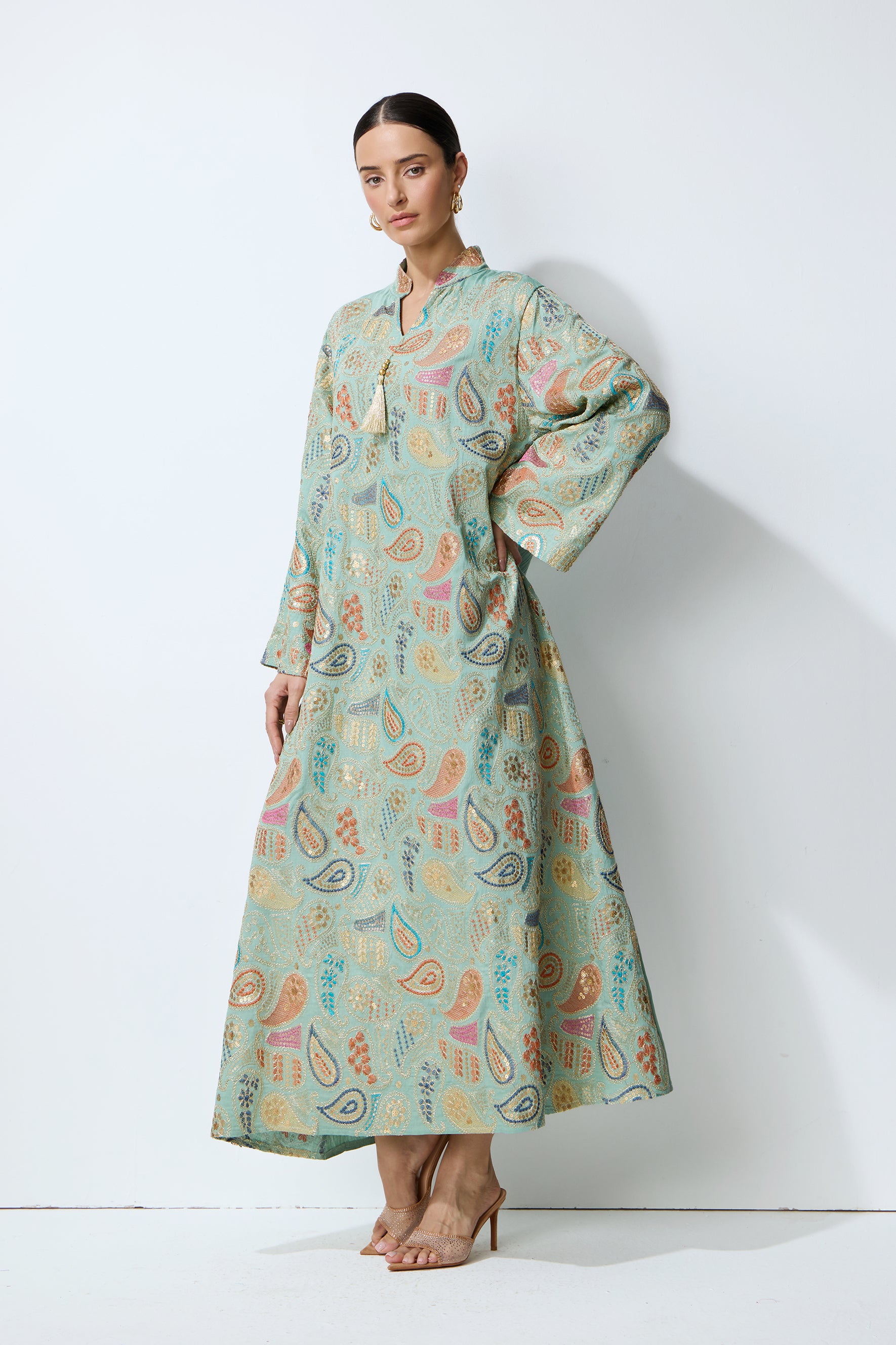 Gentle Prestige Green Paisley Print Kaftan Maxi Dress