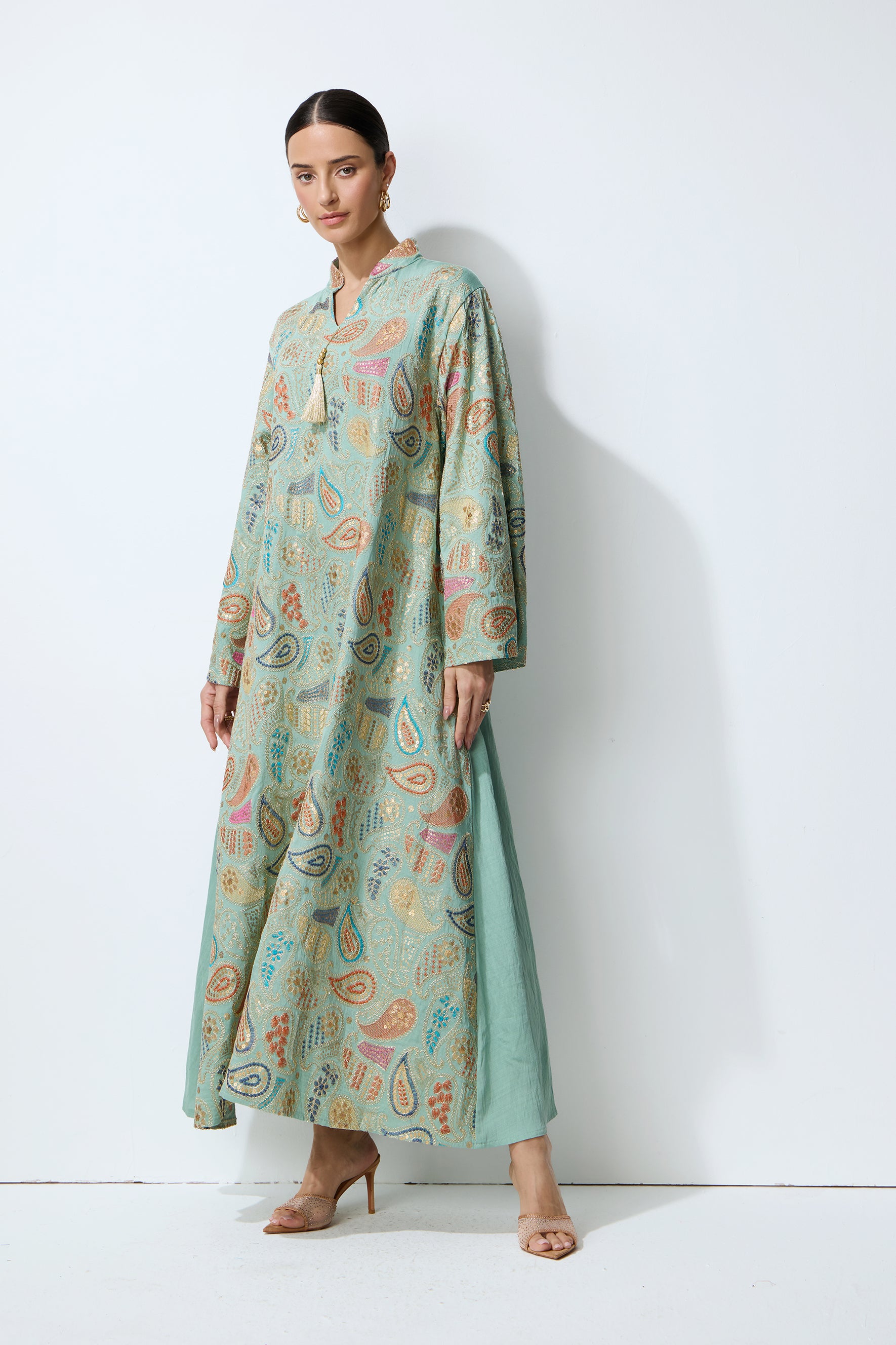 Gentle Prestige Green Paisley Print Kaftan Maxi Dress