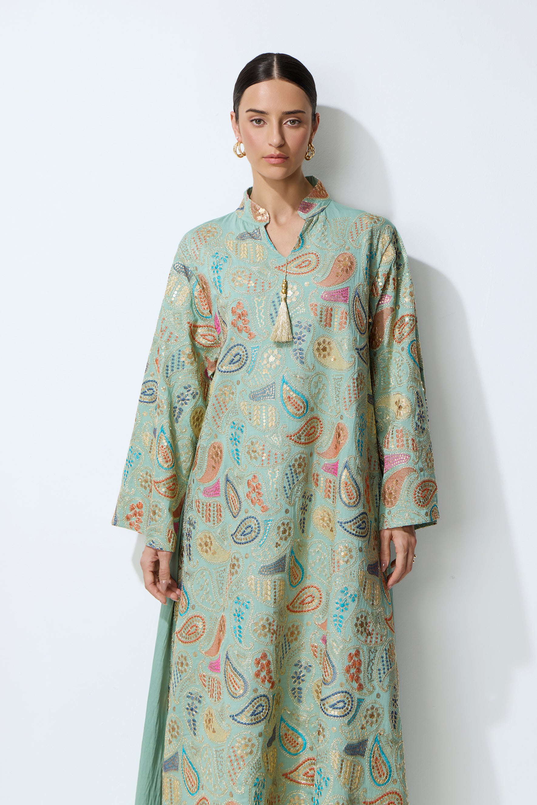 Gentle Prestige Green Paisley Print Kaftan Maxi Dress
