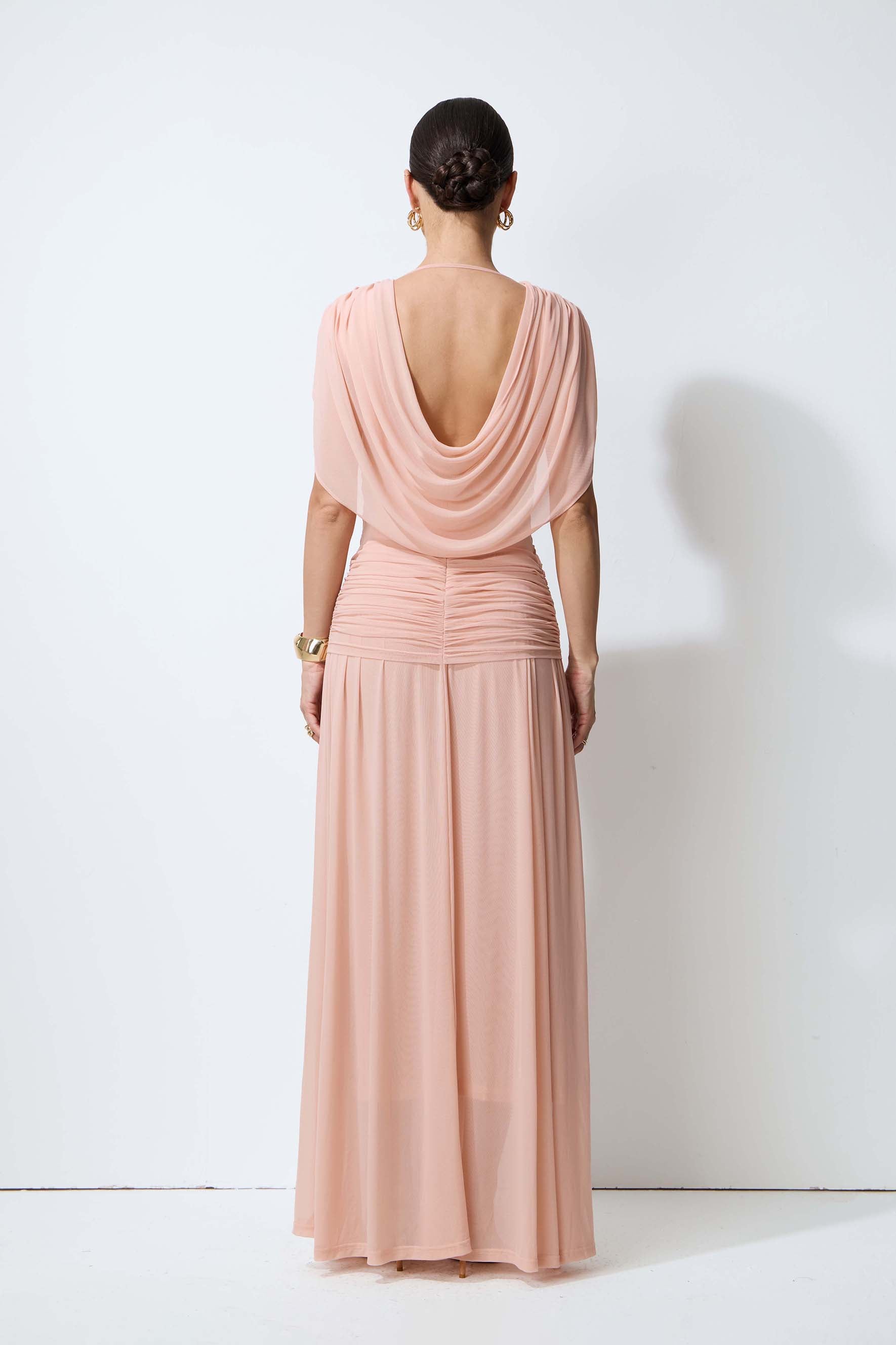 Blushing Evenings Pink Deep V-Neck Draped Cowl Back Maxi Dress