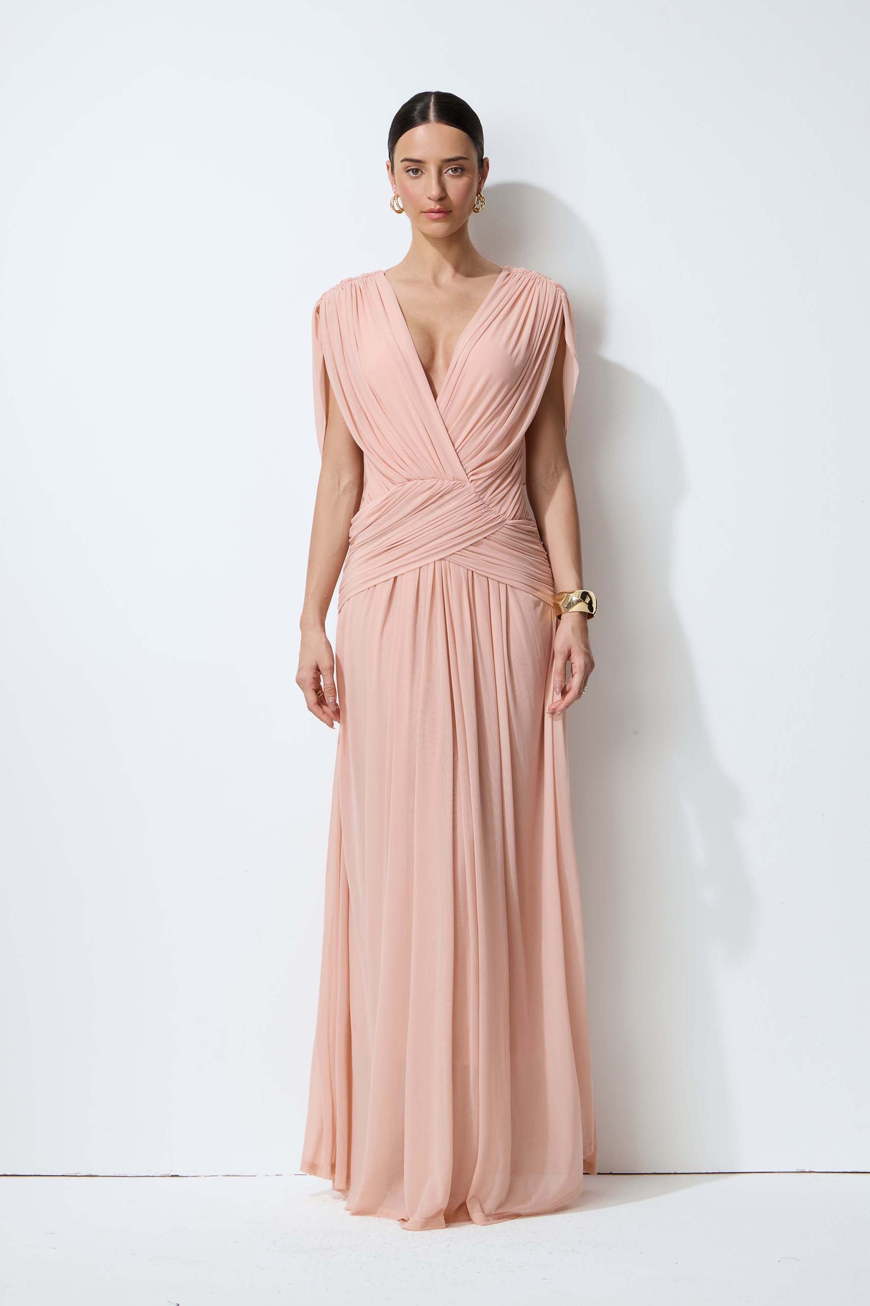 Blushing Evenings Pink Deep V-Neck Draped Cowl Back Maxi Dress