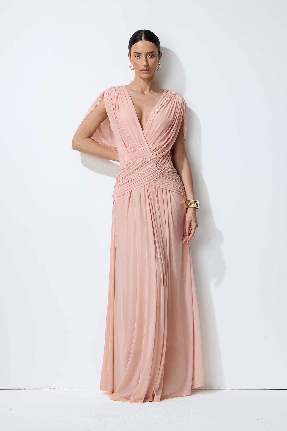 Blushing Evenings Pink Deep V-Neck Draped Cowl Back Maxi Dress