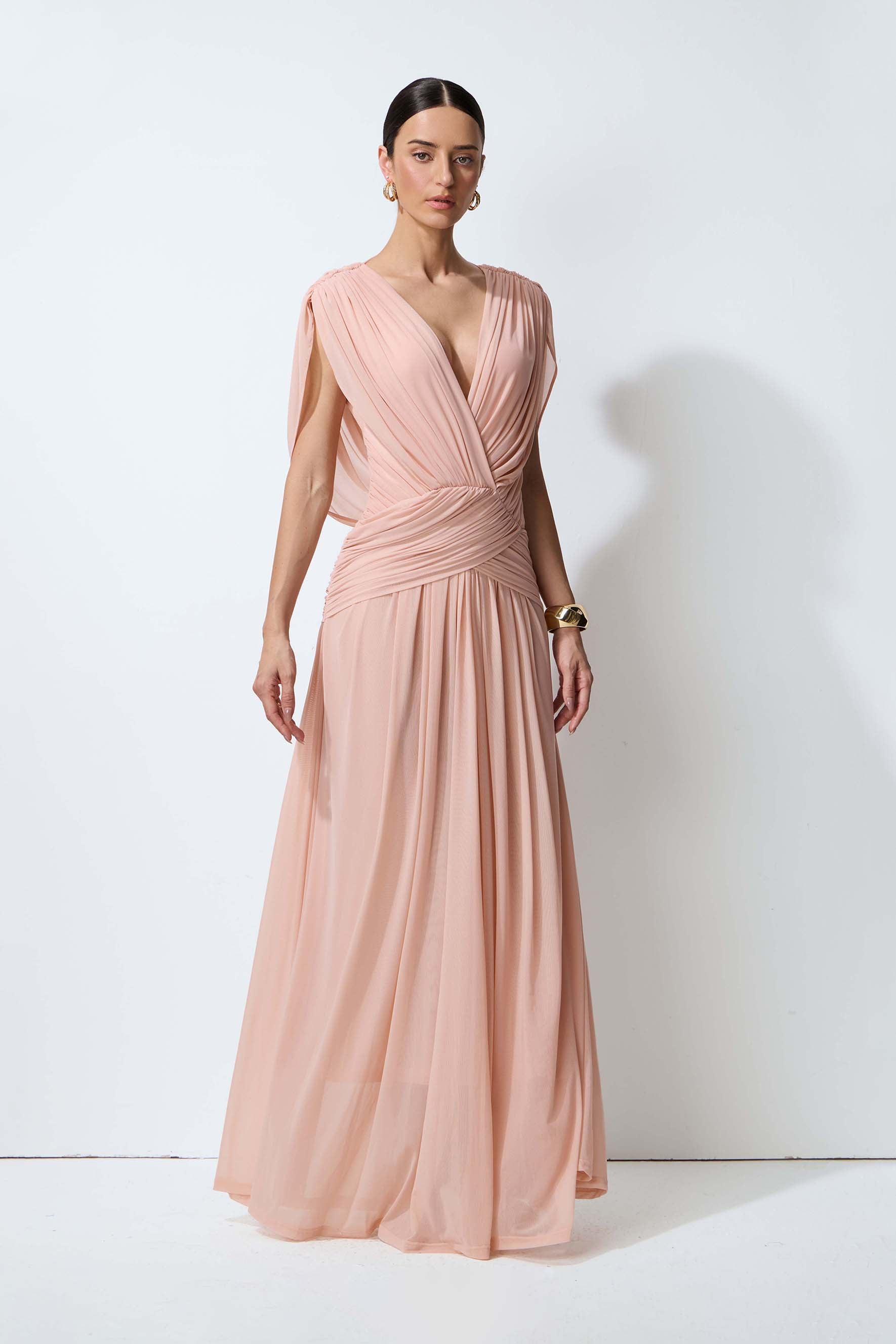 Blushing Evenings Pink Deep V-Neck Draped Cowl Back Maxi Dress