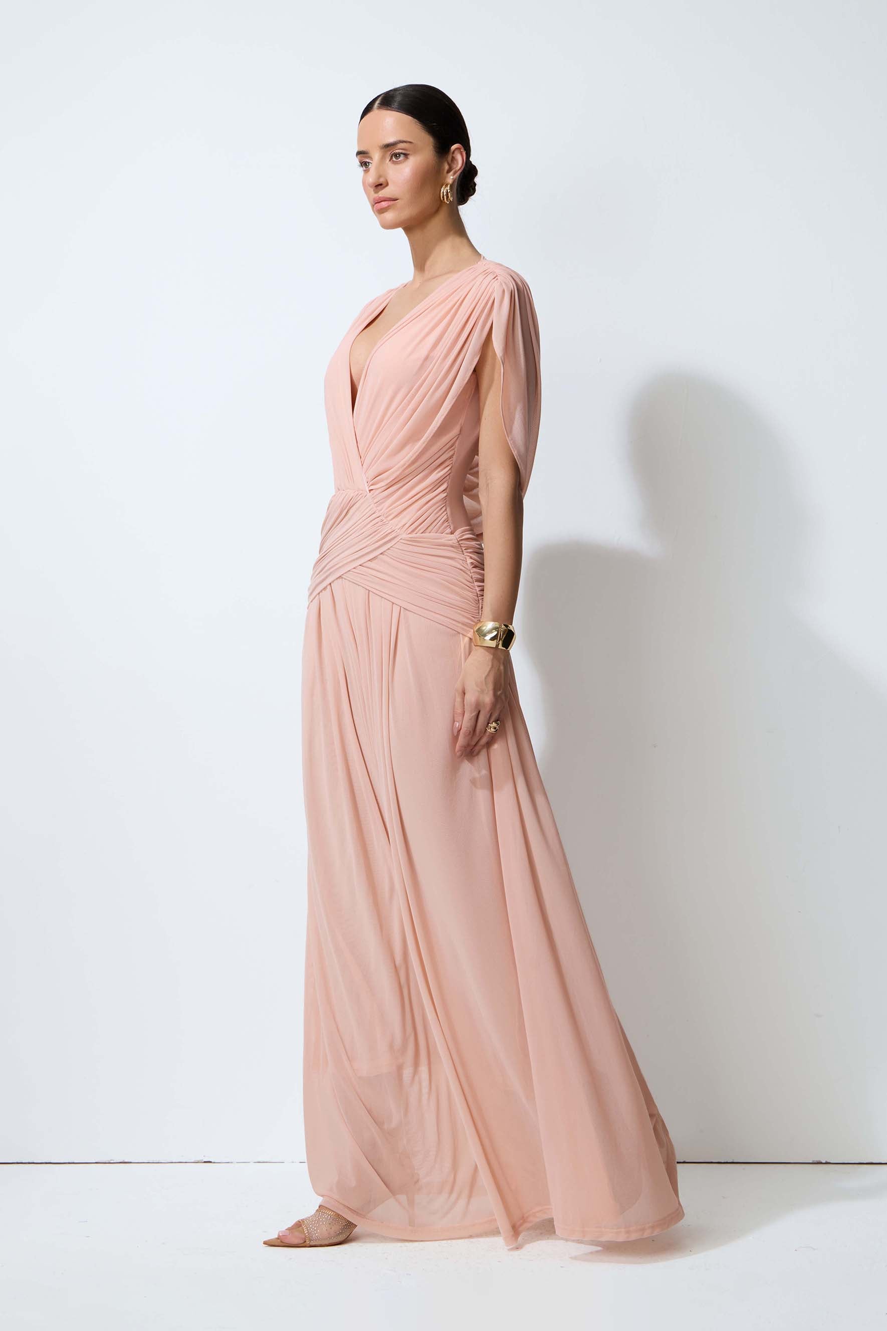 Blushing Evenings Pink Deep V-Neck Draped Cowl Back Maxi Dress