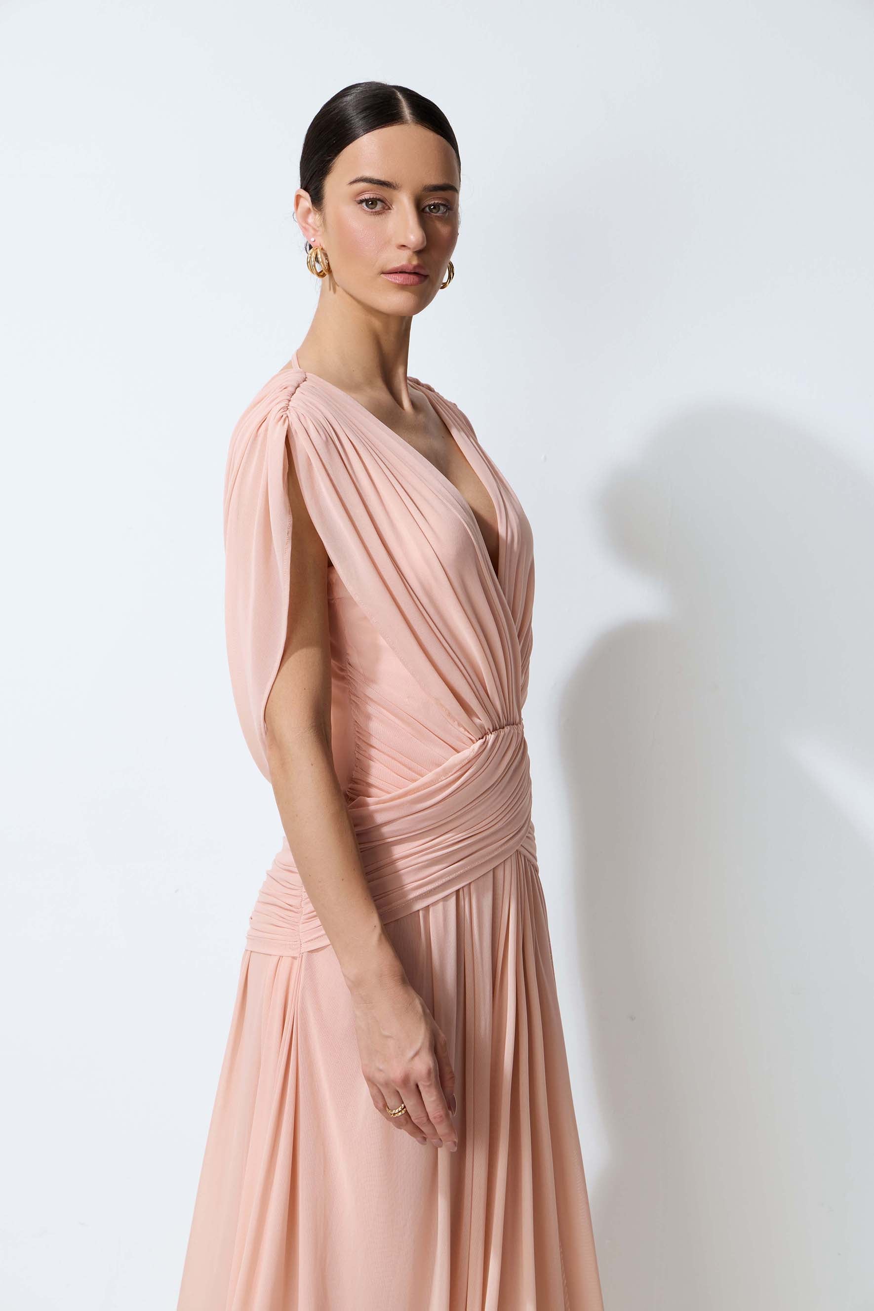 Blushing Evenings Pink Deep V-Neck Draped Cowl Back Maxi Dress