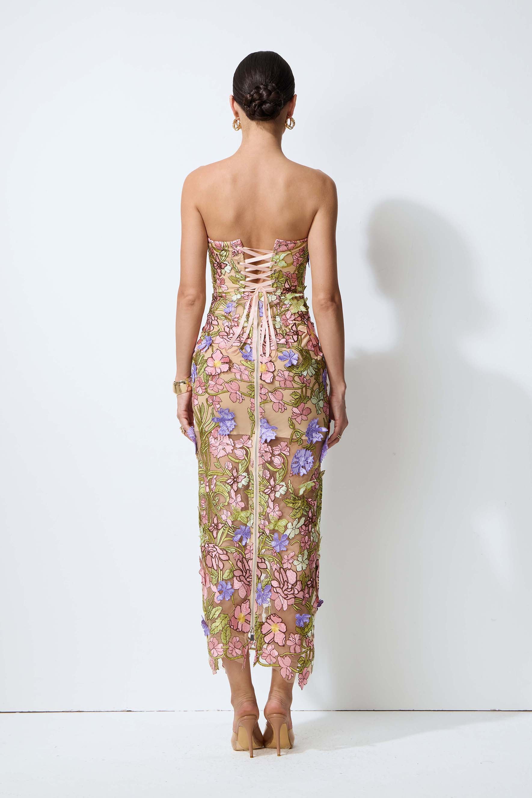 A Blooming Moment Nude Floral Embroidered Strapless Maxi Dress