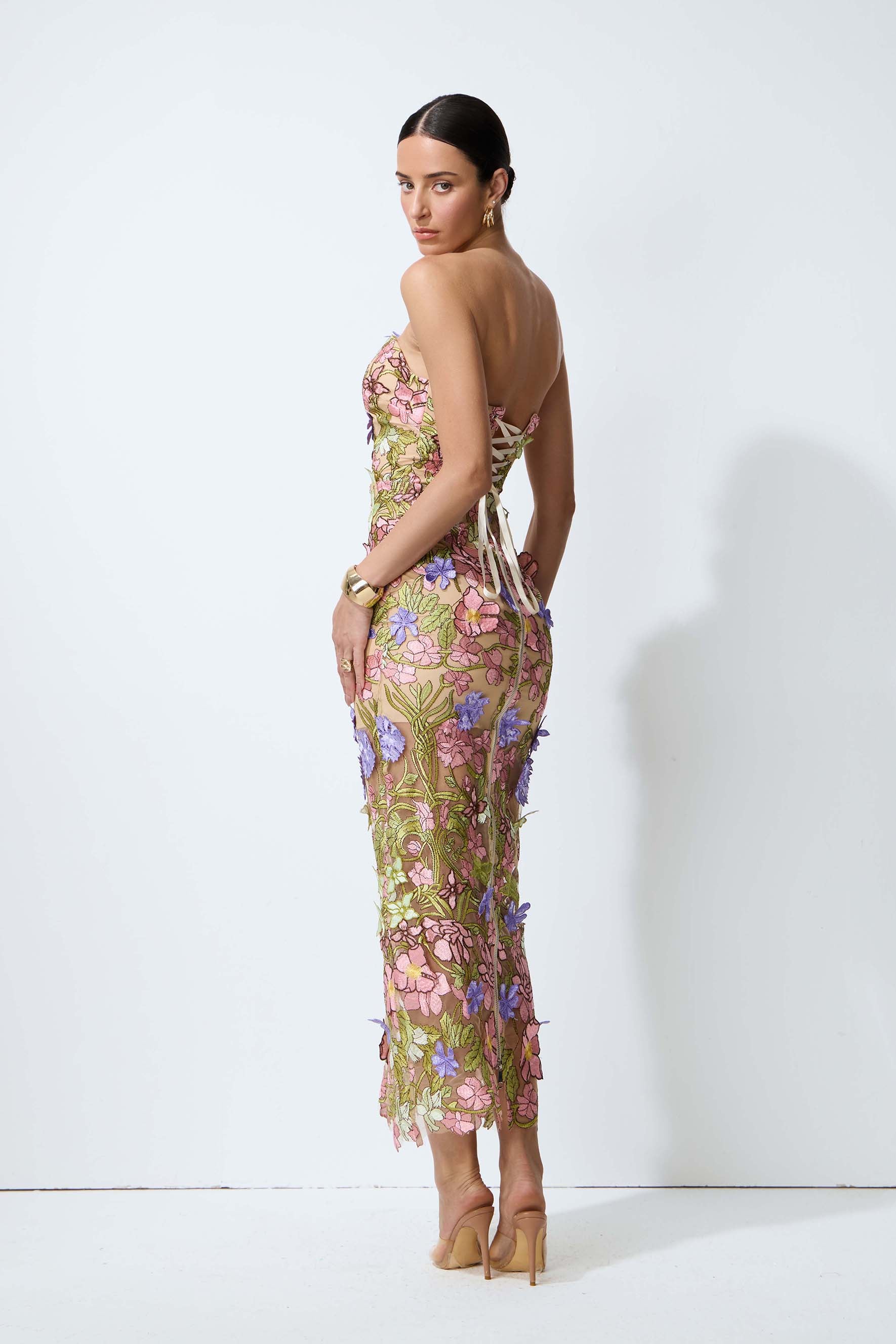 A Blooming Moment Nude Floral Embroidered Strapless Maxi Dress