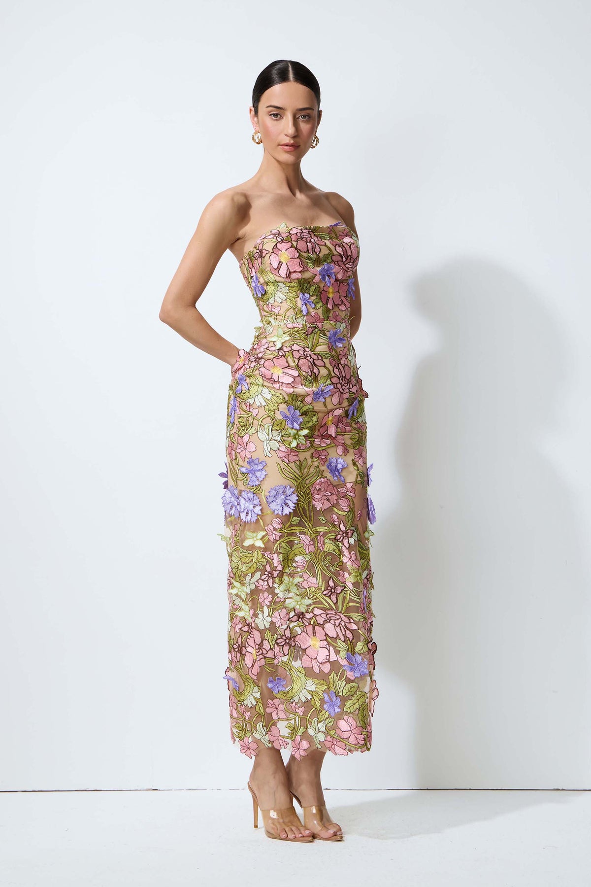 A Blooming Moment Nude Floral Embroidered Strapless Maxi Dress